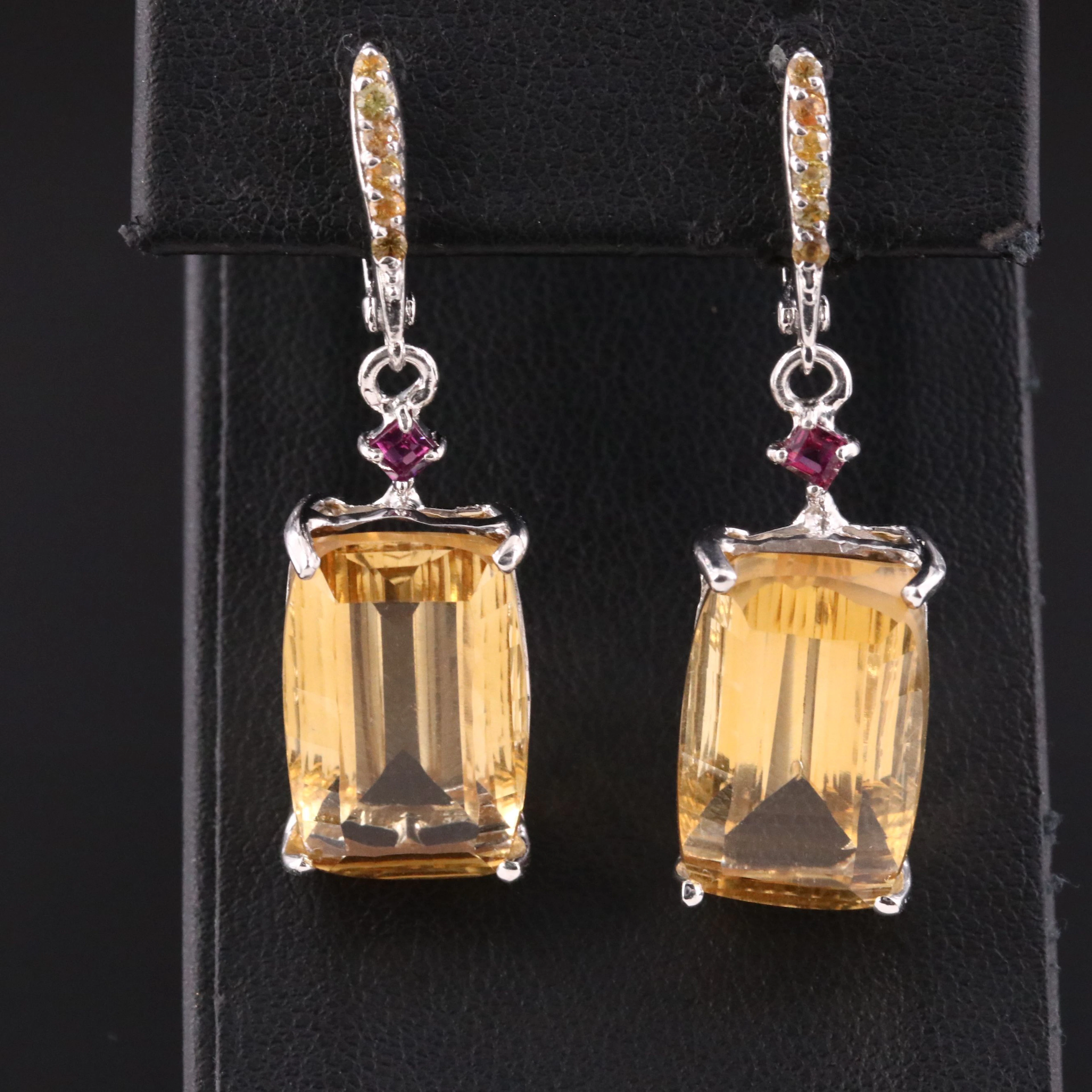 Sterling Citrine, Rhodolite Garnet, and Yellow Sapphire Pendant Earrings