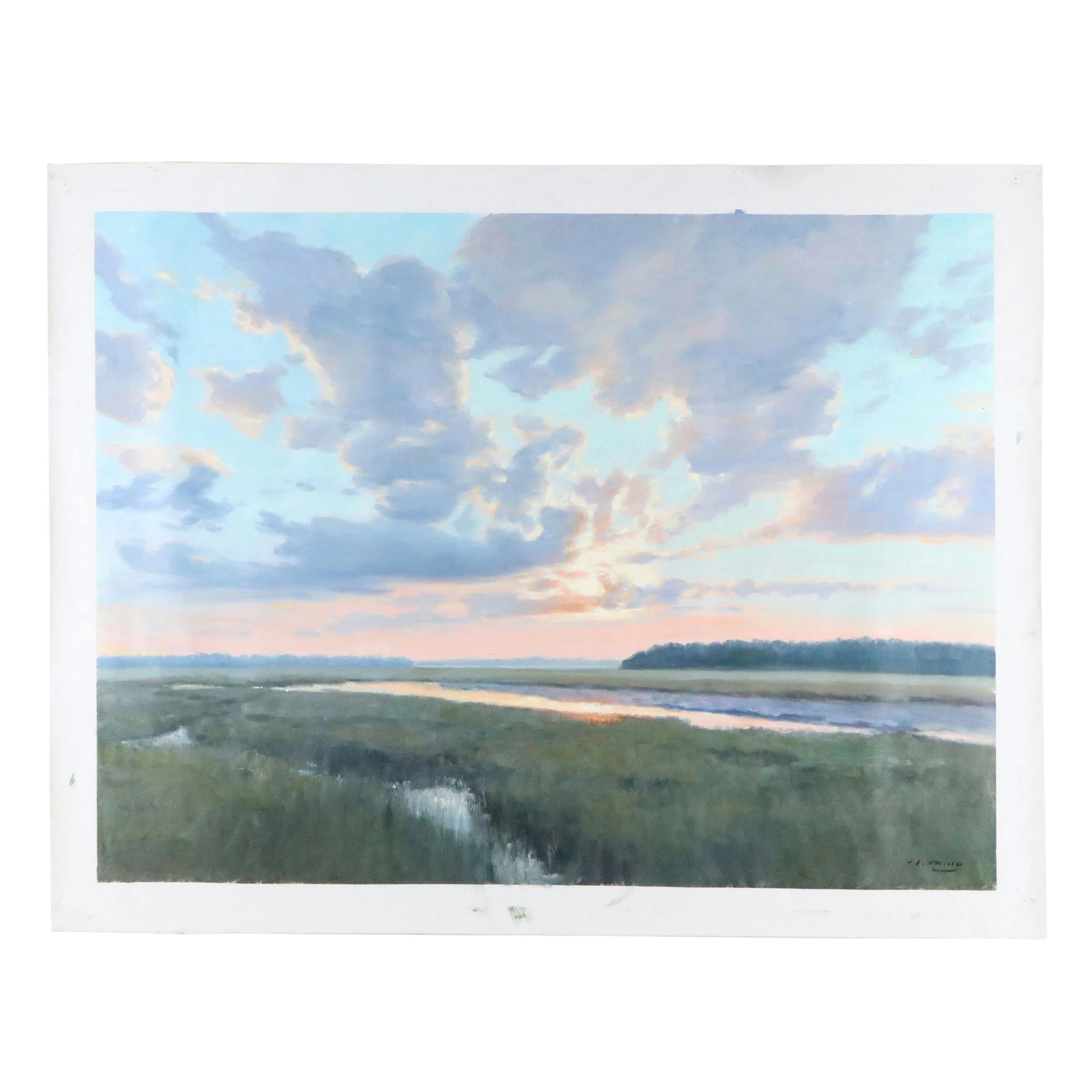 Landscape Oil Painting "Sunset Over The Marshlands," 21st Century