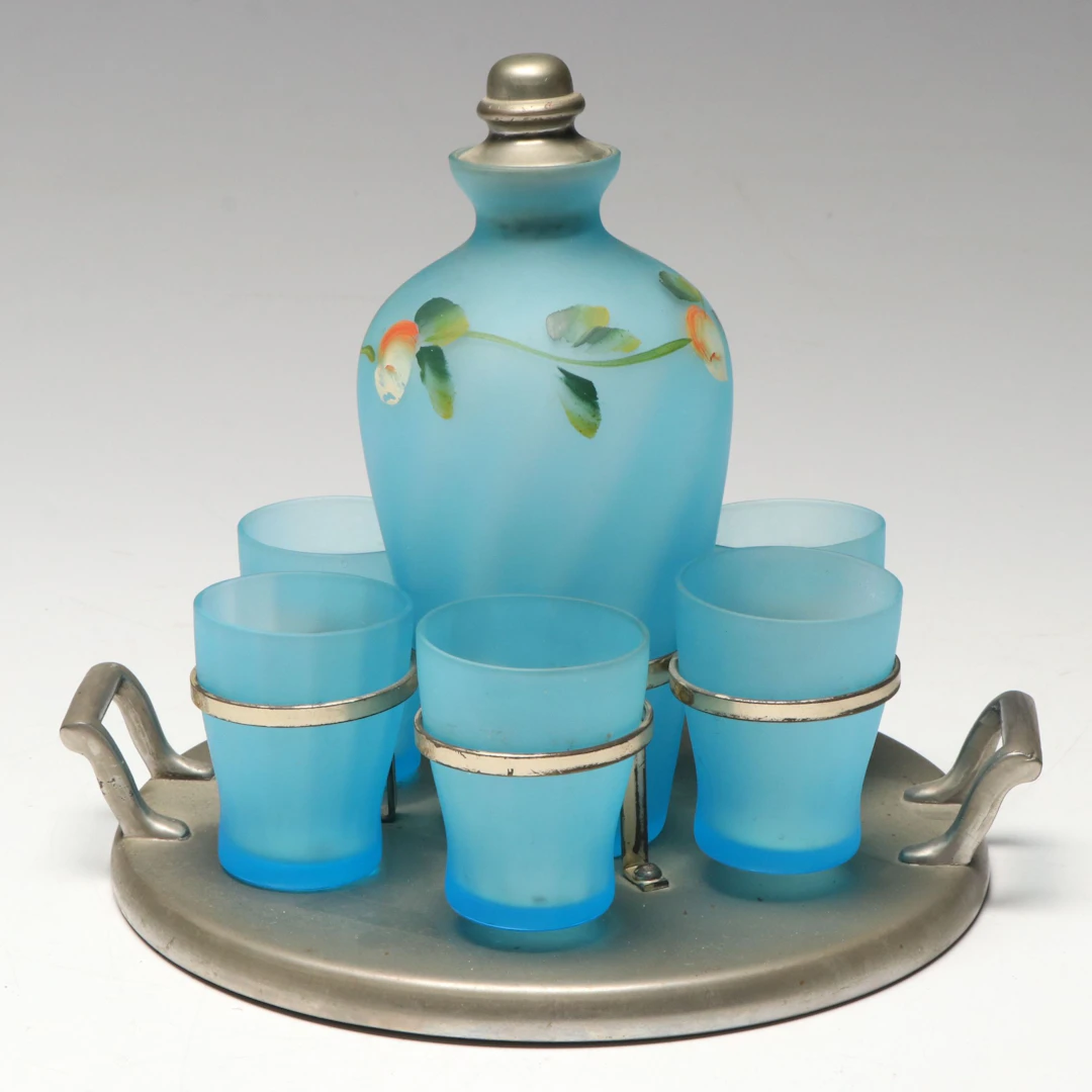 Bohemian Style Opaline Glass Decanter Set, Vintage
