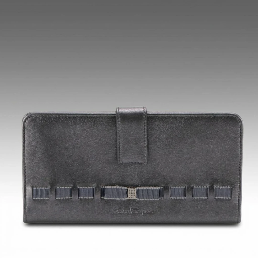 Salvatore Ferragamo Vara Ribbon Bifold Long Wallet in Metallic Leather