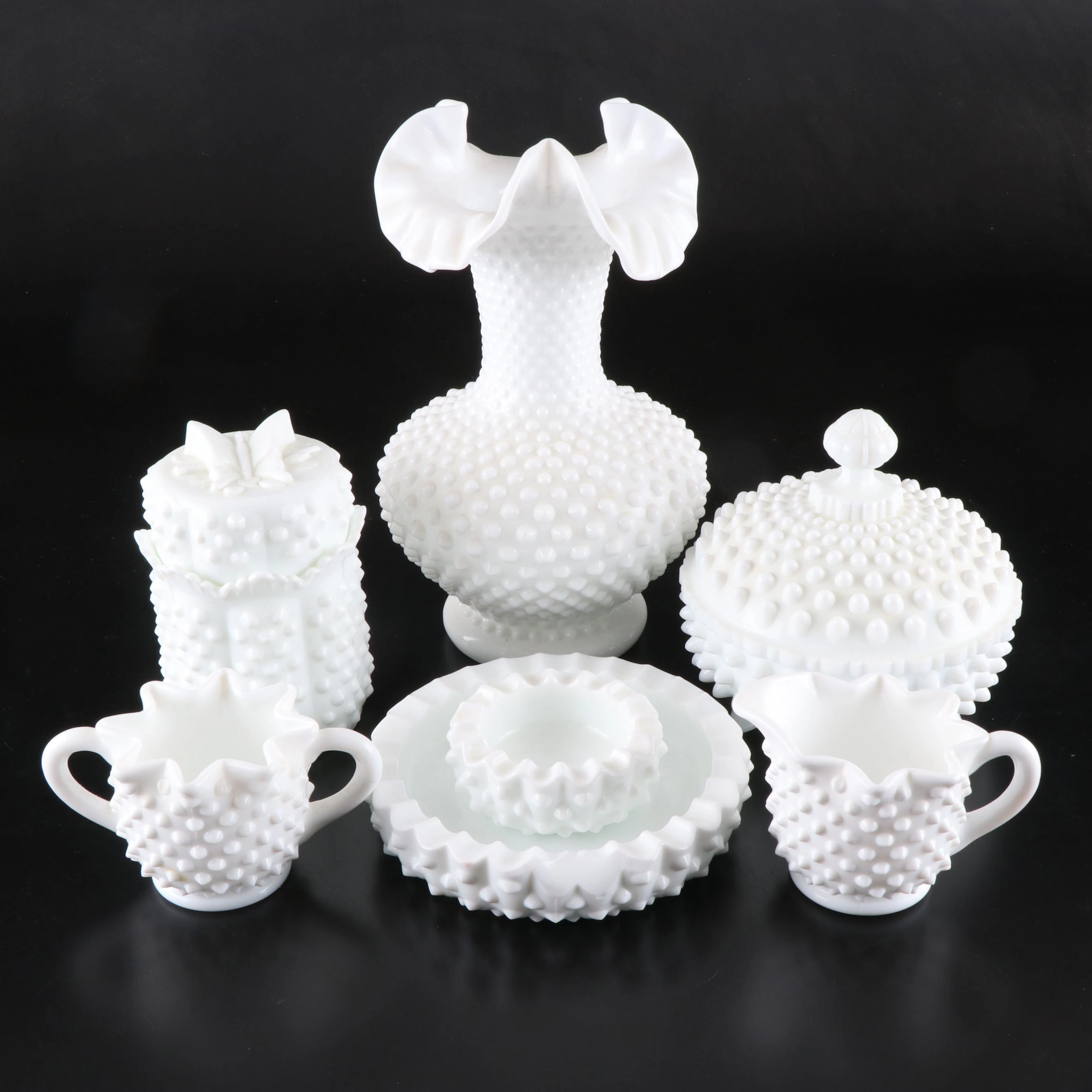 Fenton Hobnail Milk Glass Jars, Ashtrays and More Table Accessories, Vintage