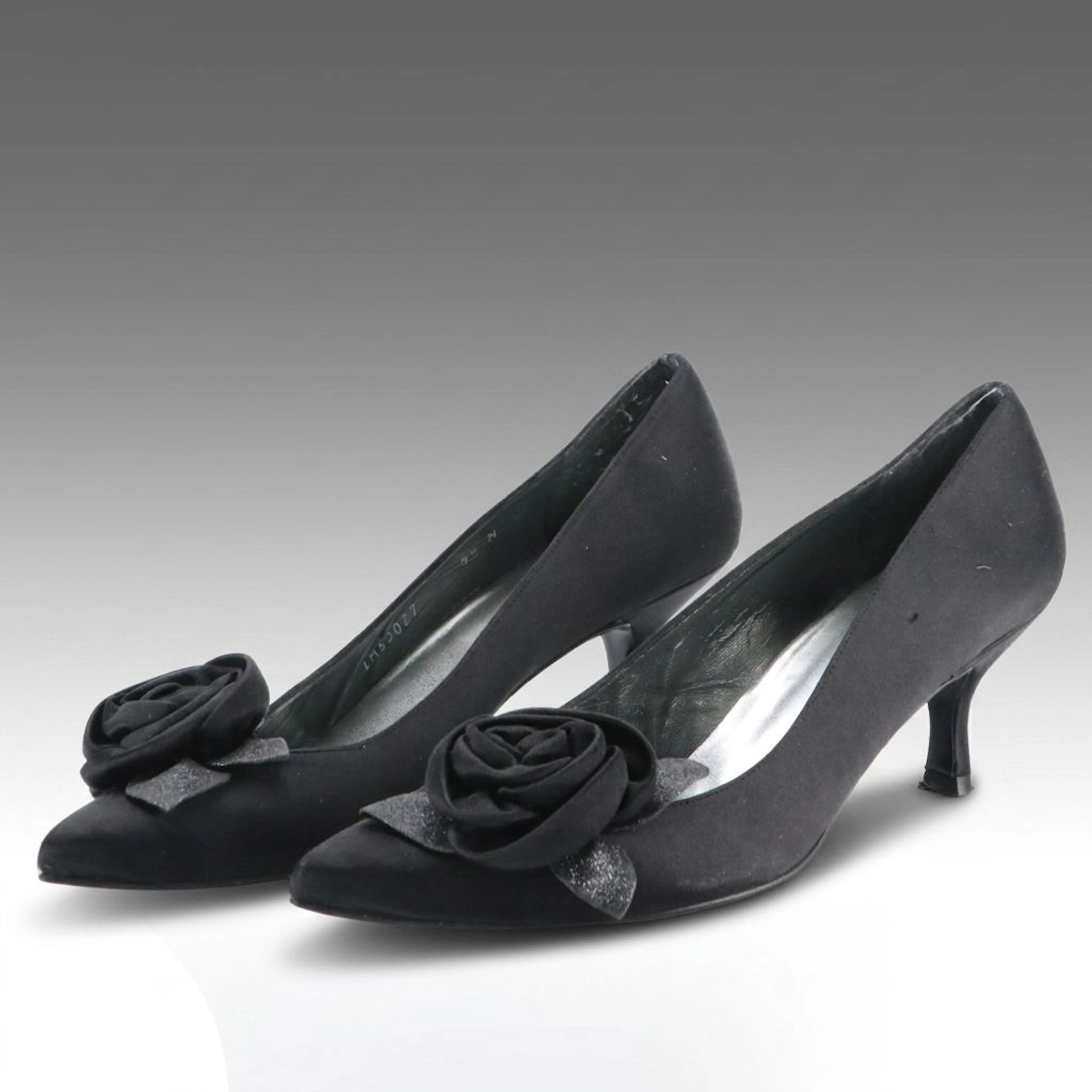 Stuart Weitzman 2000s Black Satin Pointed-Toe Kitten Heels with Rosette Details