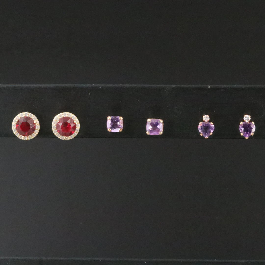 Sterling and 10K Earrings Including Amethyst, CZ and Glass