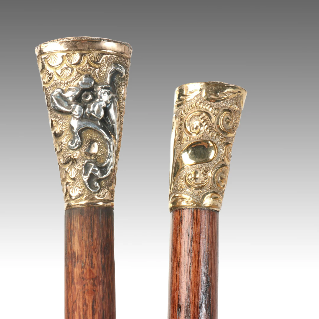 Victorian Floral Embossed Gold-Filled Knob Handled Walking Sticks, 19th Century