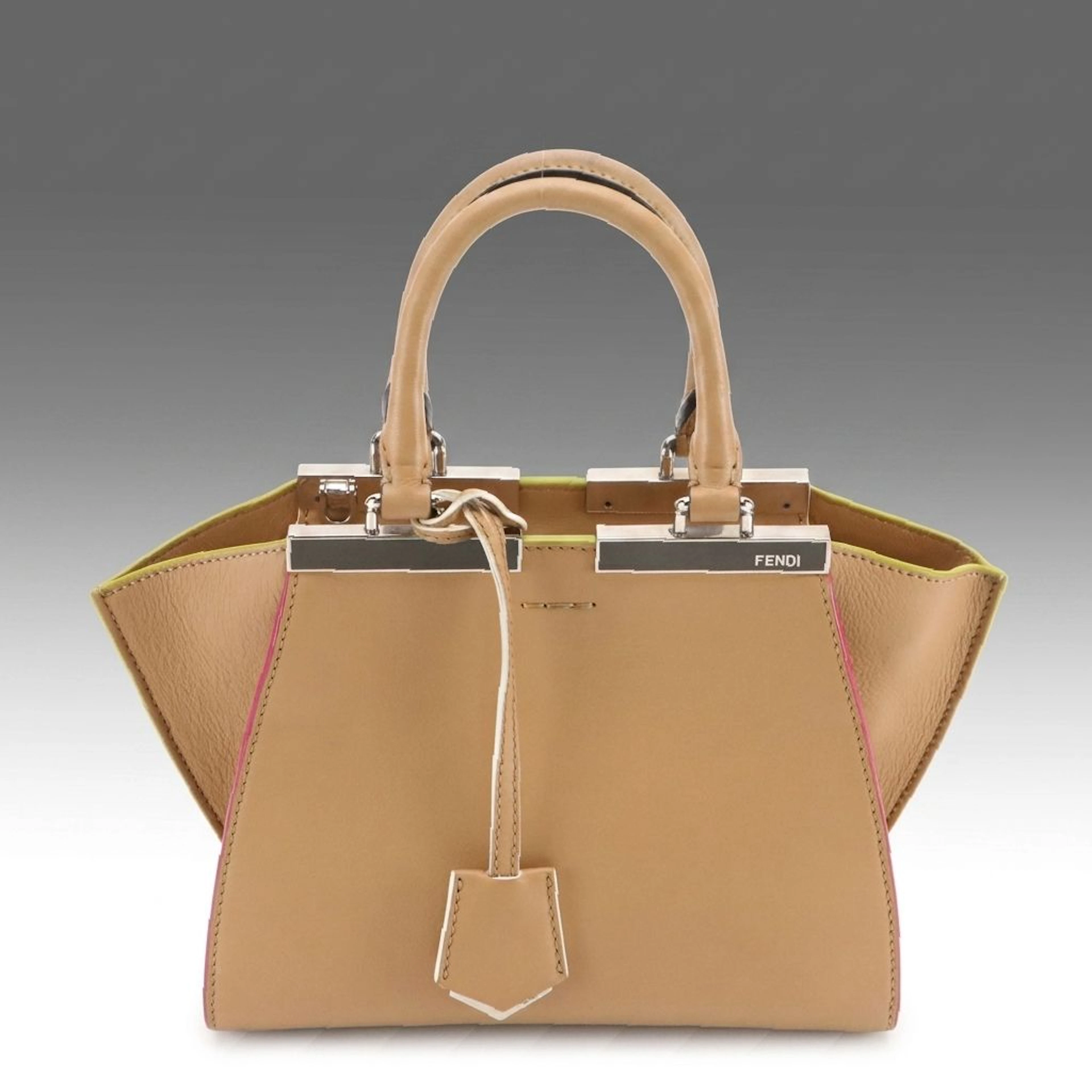 Fendi Petite 3Jour Two-Way Bag in Beige Calfskin Leather with Neon Edges