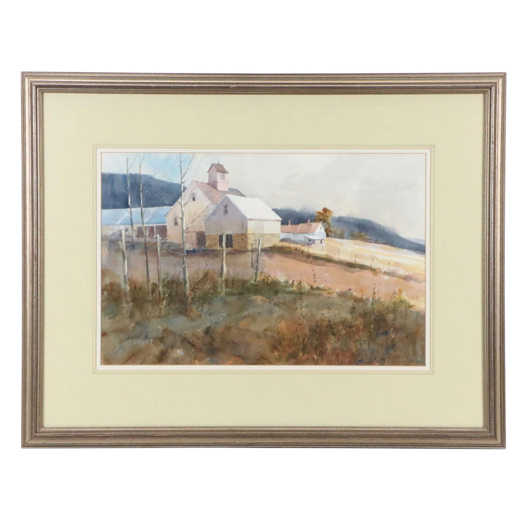 Bradford Voight Watercolor Painting of Farm "126 North," 1987