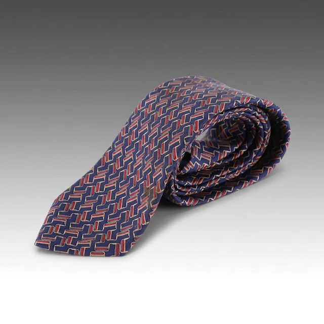 Hermès Necktie in Red and Blue Geometric Silk Twill