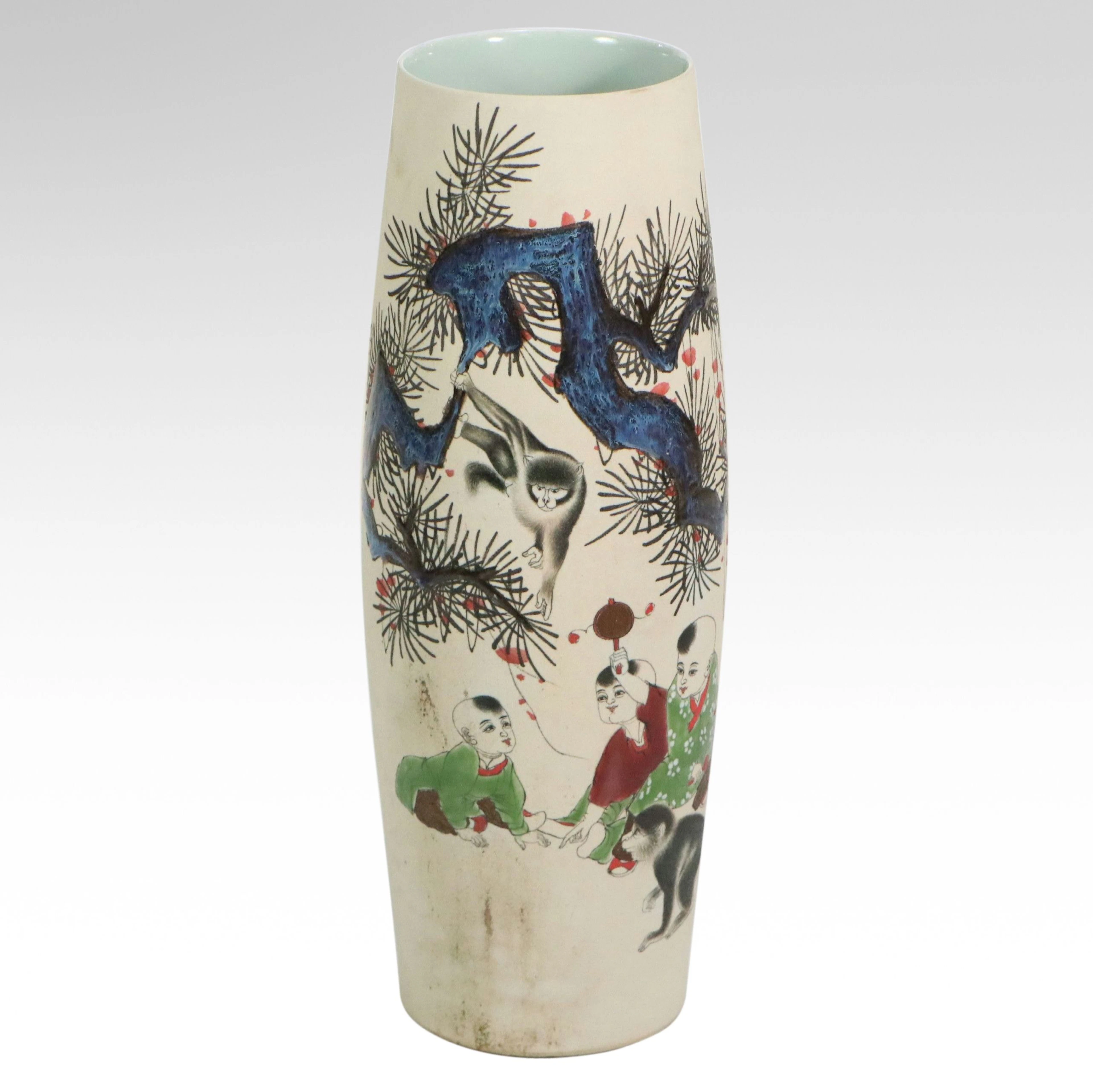 Chinese Decorative Genre Scene Porcelain Tongping Vase, 20th Century