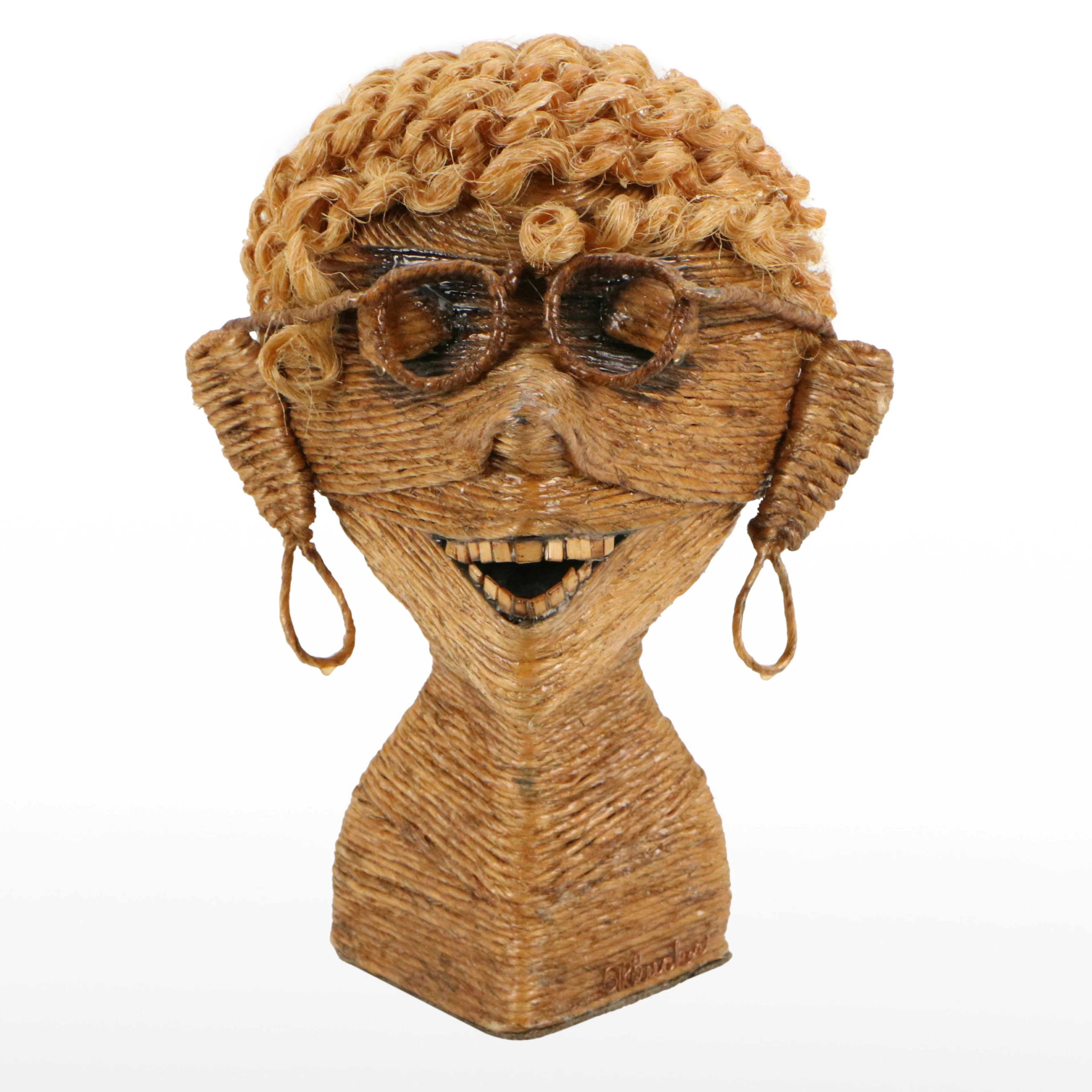 George R. Bucher Wrapped Twine Figural Sculpture with Curly Hair and Glasses
