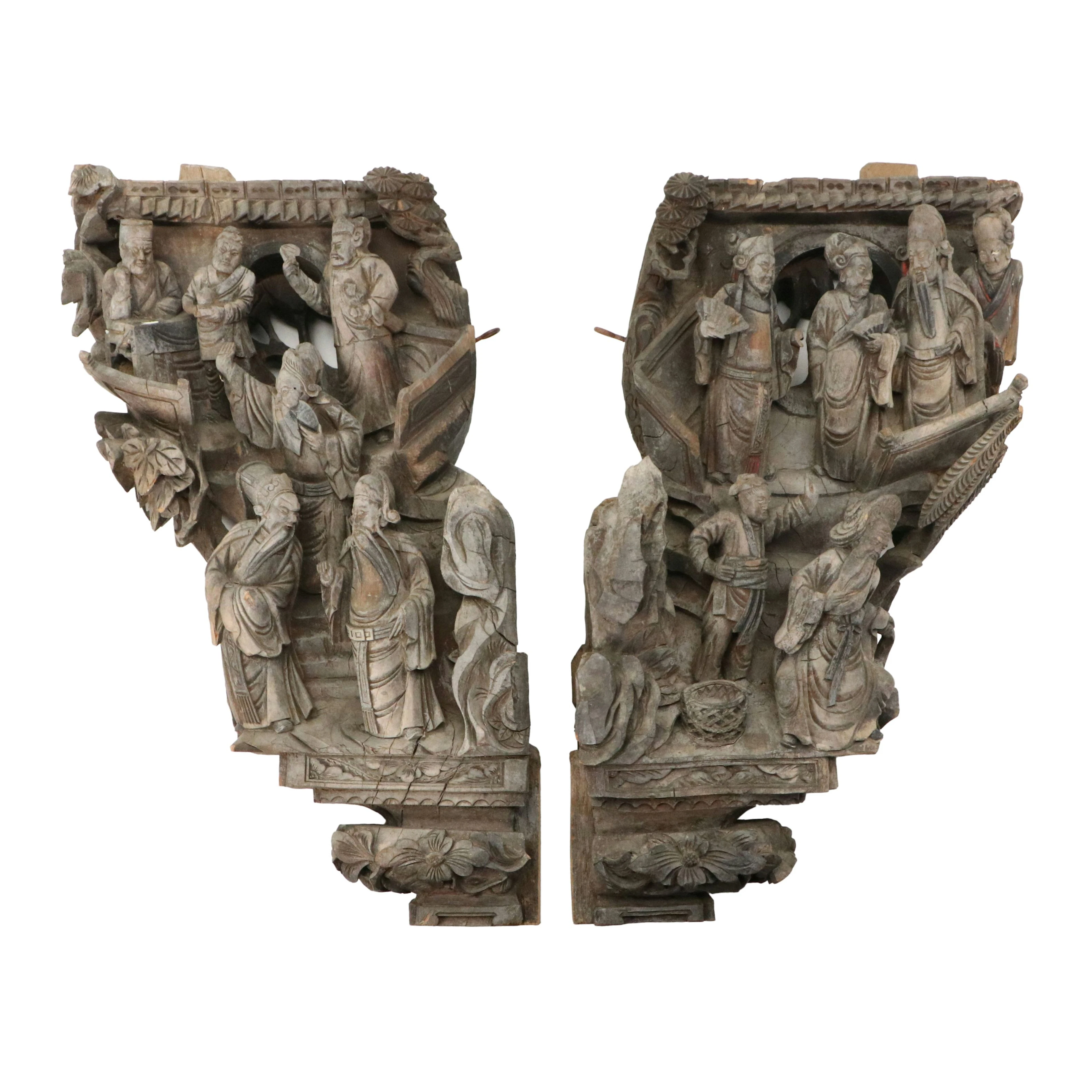 Qing Dynasty Antique Wood Carved Genre Scene Archway Corbels