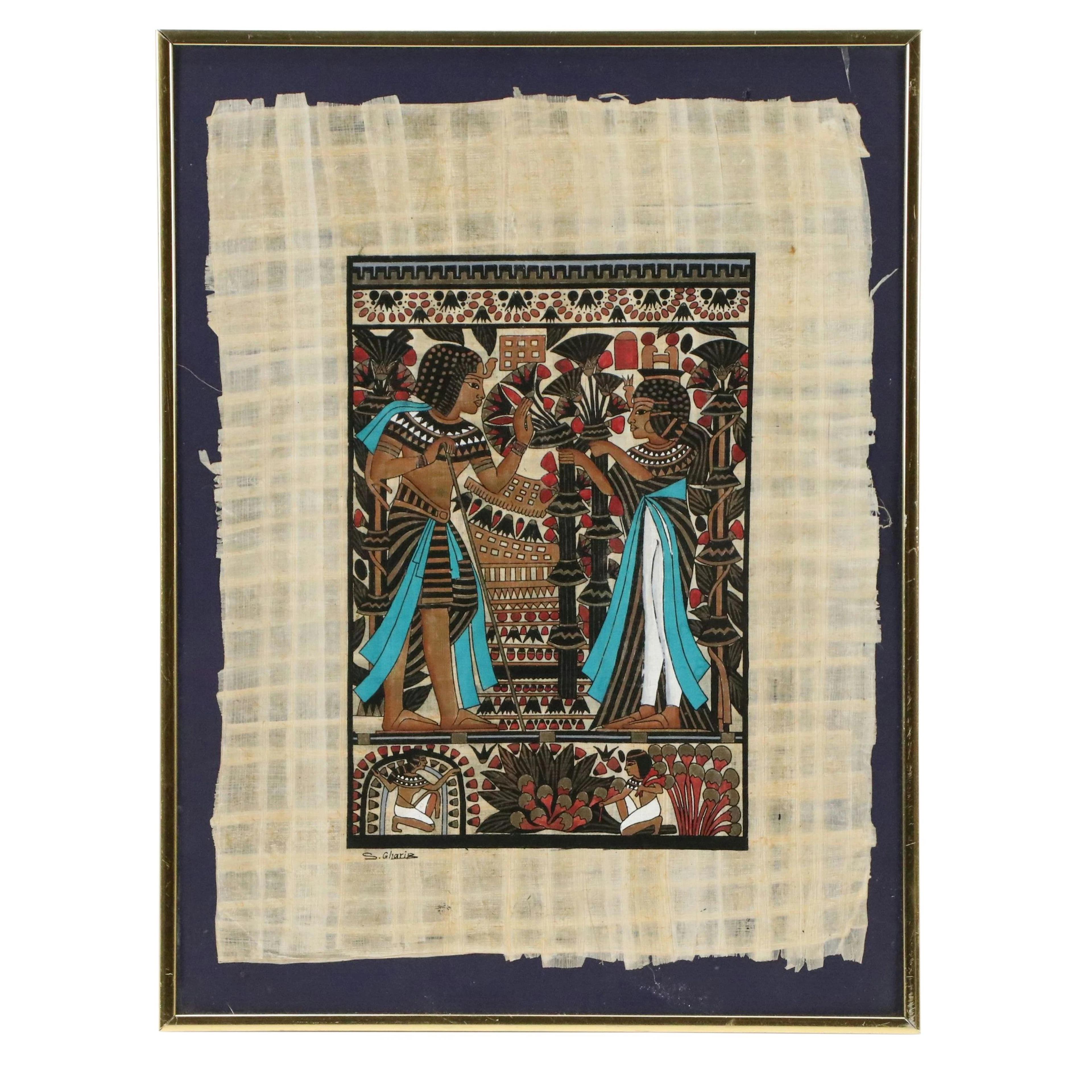 Sayed Gharib Egyptian Souvenir Gouache on Papyrus of Royals