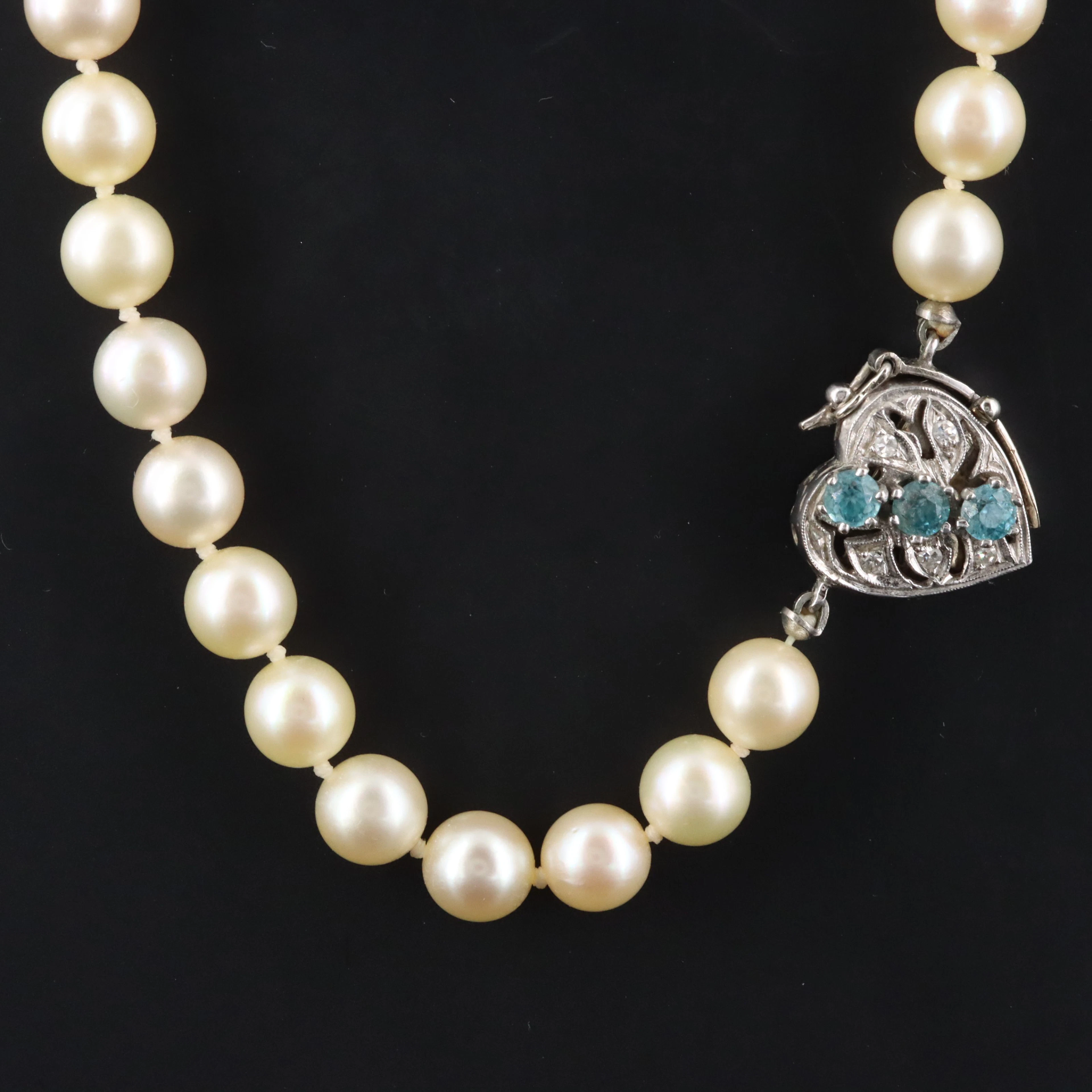 Pearl Necklace with Blue Zircon and Diamond Accented 14K Heart Clasp