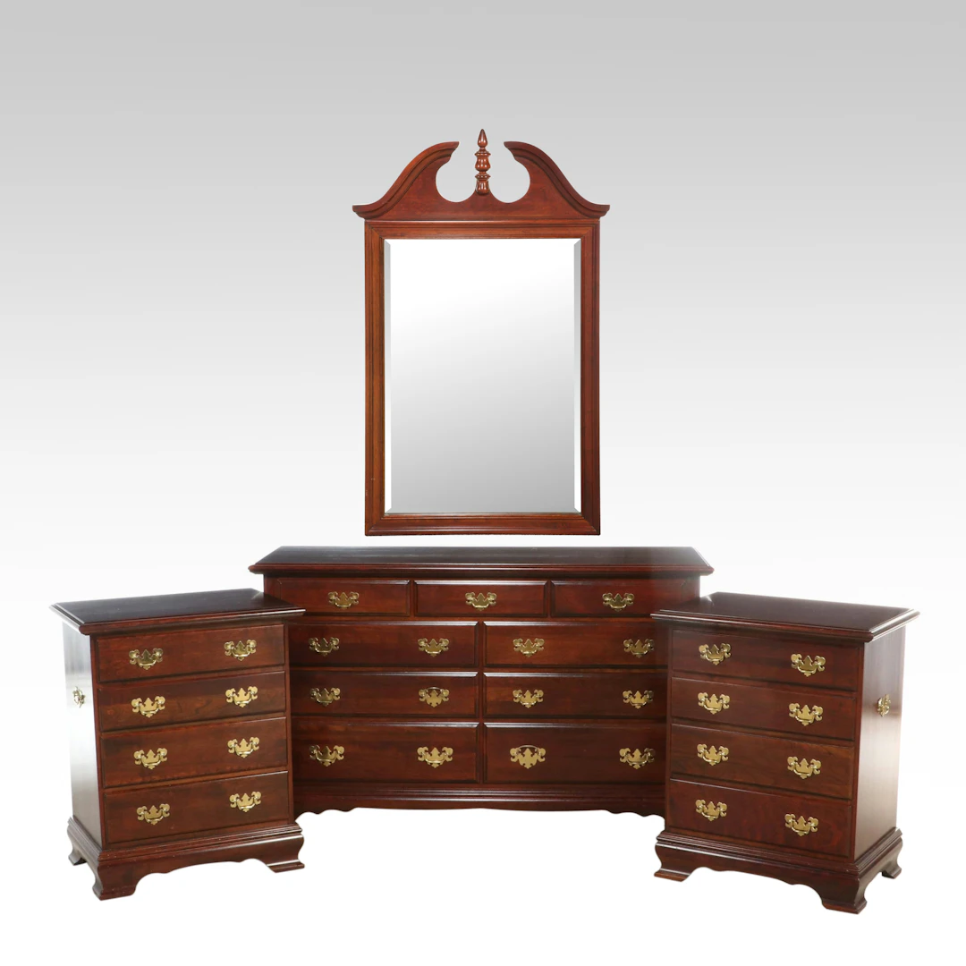 Chippendale Style Cherry Dresser with Mirror and Nightstand, Late 20th Century