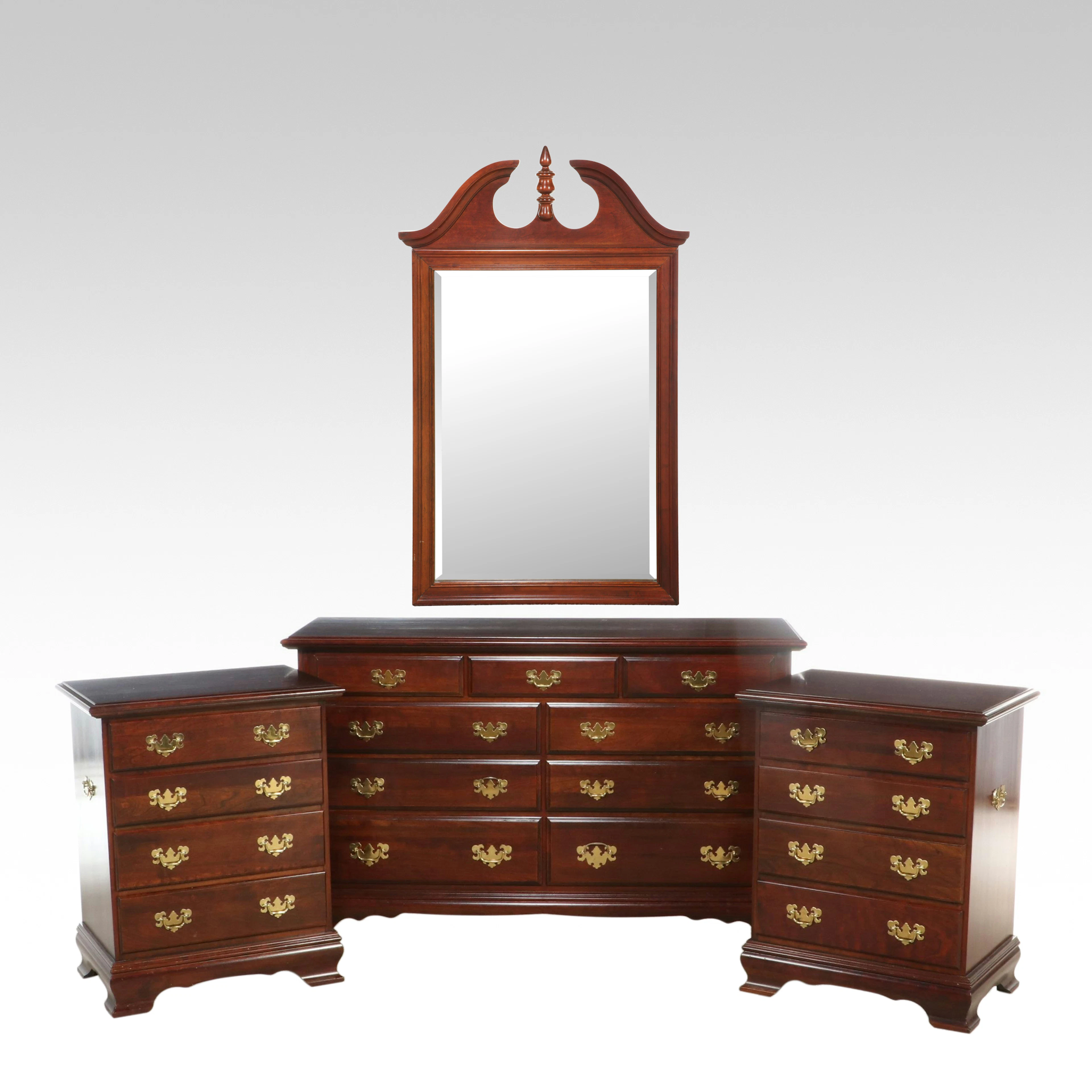 Chippendale Style Cherry Dresser with Mirror and Nightstand, Late 20th Century