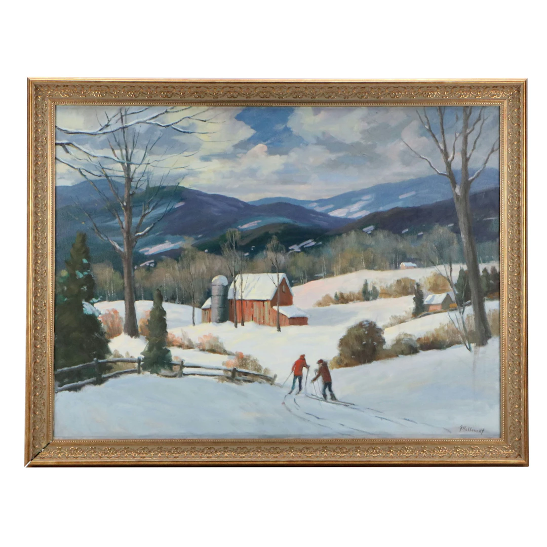 George Holloway Oil Painting of Rural Cross Country Skiers, Late 20th Century