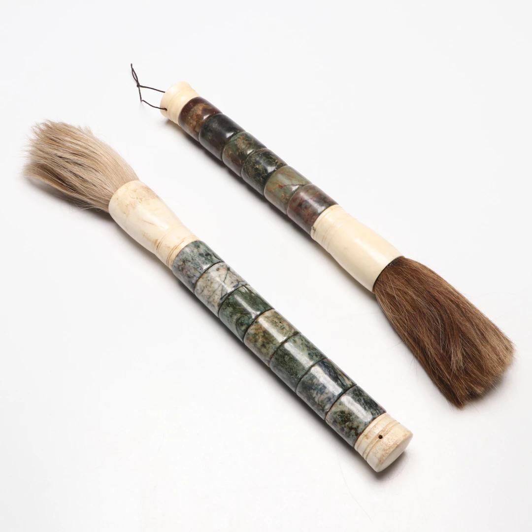 Chinese Jasper and Bone Horse Hair Calligraphy Brushes