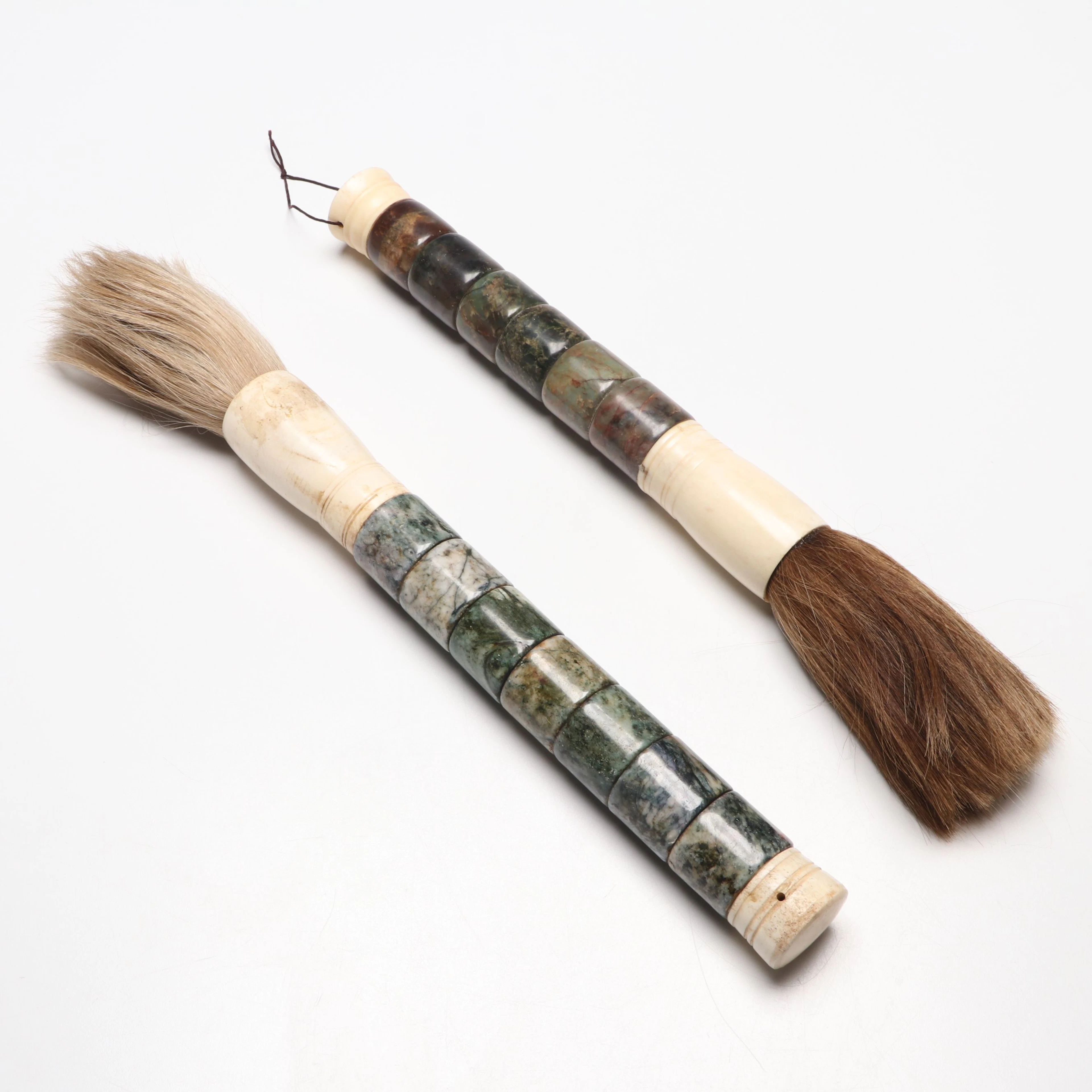 Chinese Jasper and Bone Horse Hair Calligraphy Brushes