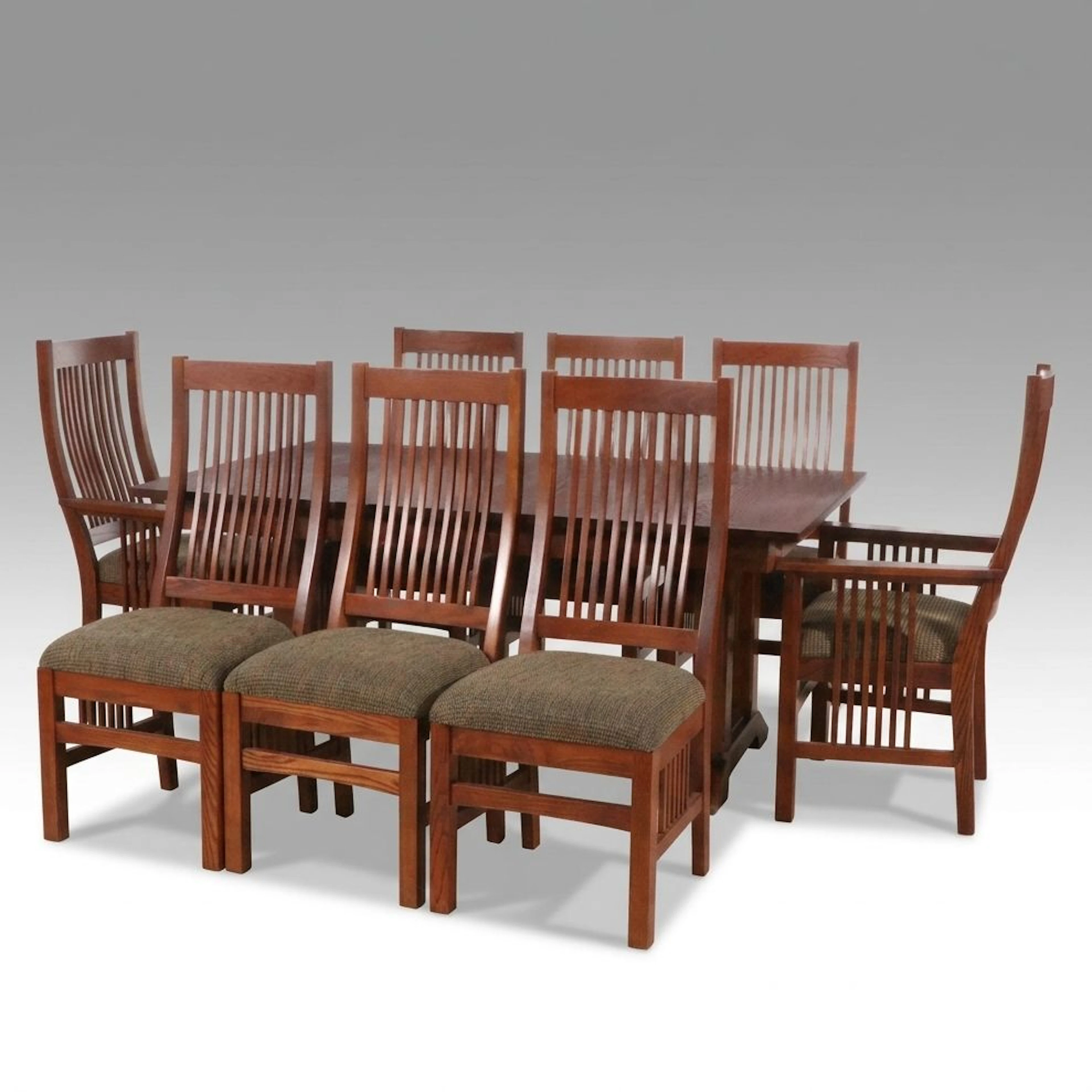 Nichols & Stone Mission Style Oak Dining Table and Eight Chairs, 1997