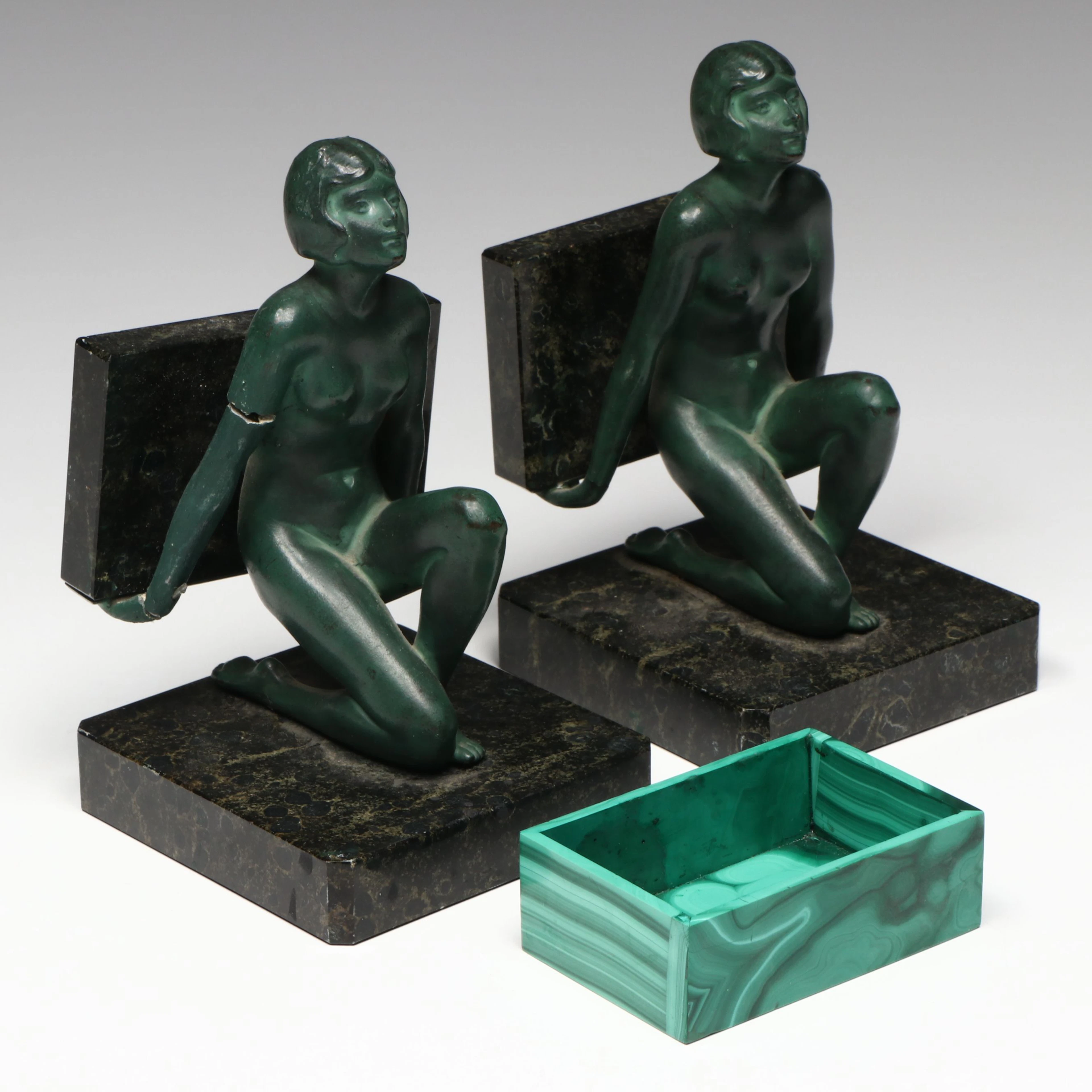 Art Deco Bookends in the Manner of Verrier with Malachite Stone Box