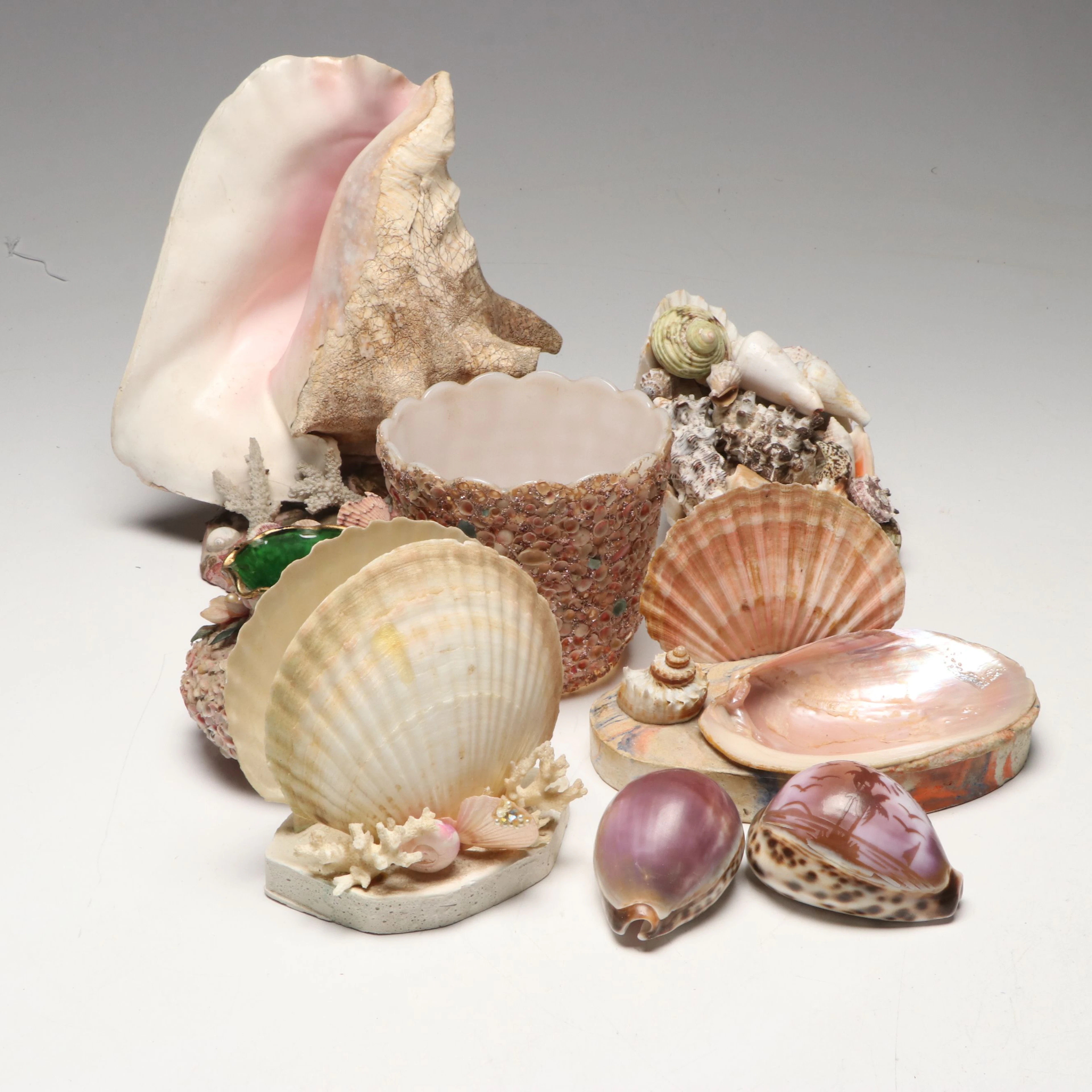 Queen Conch Seashell Sculpture with More Shells and Embellished Décor