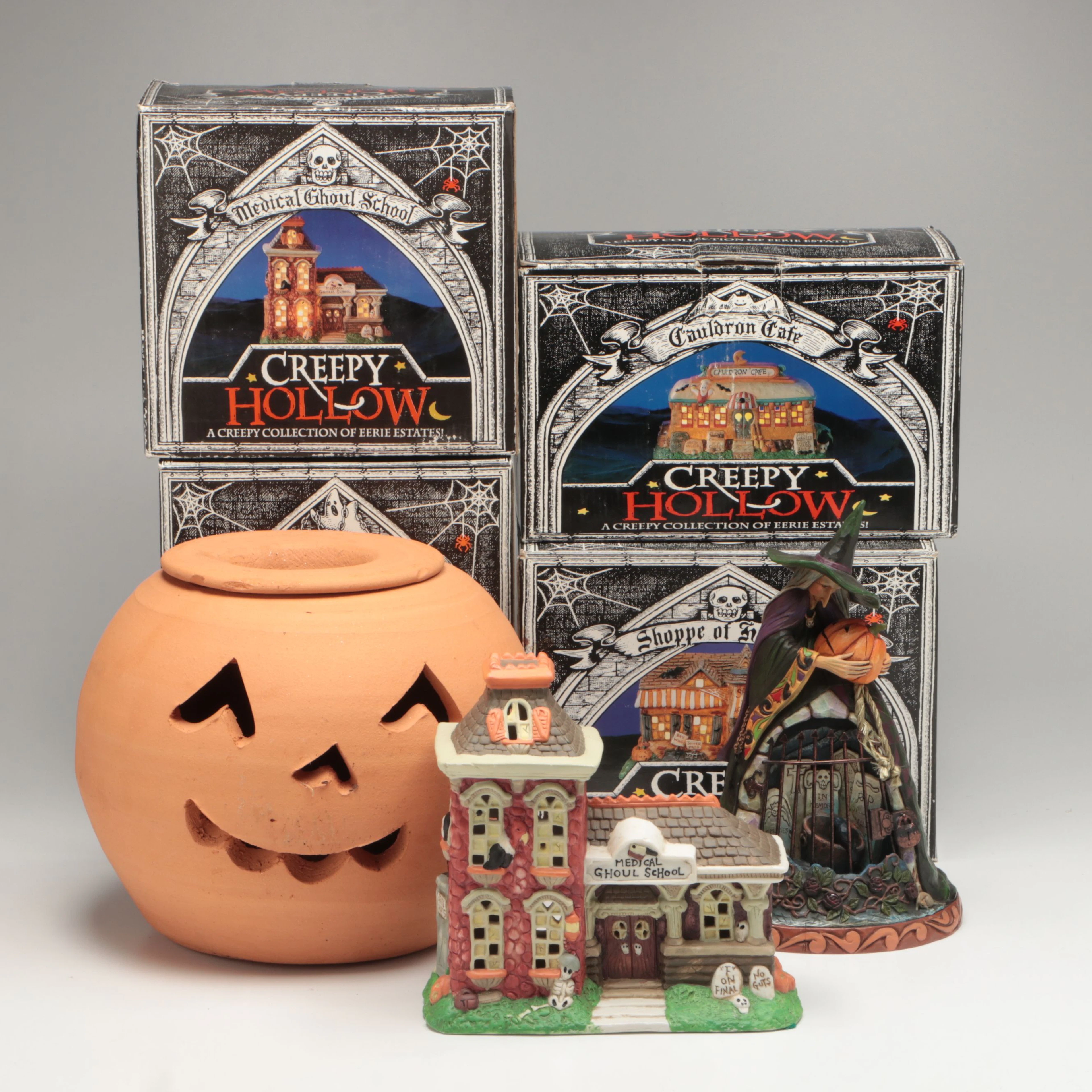 Jim Shore "Spellbound" Resin Figure with Halloween Village Décor and Pumpkin