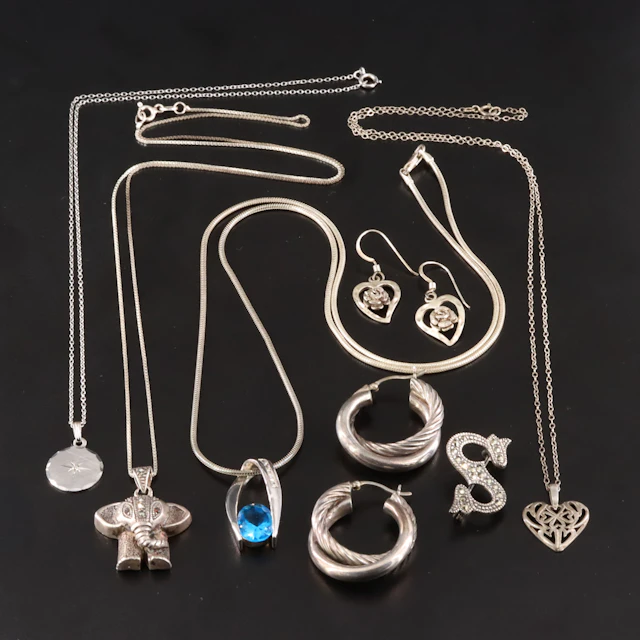 Sterling Jewelry Collection Including Diamond, Garnet & Glass