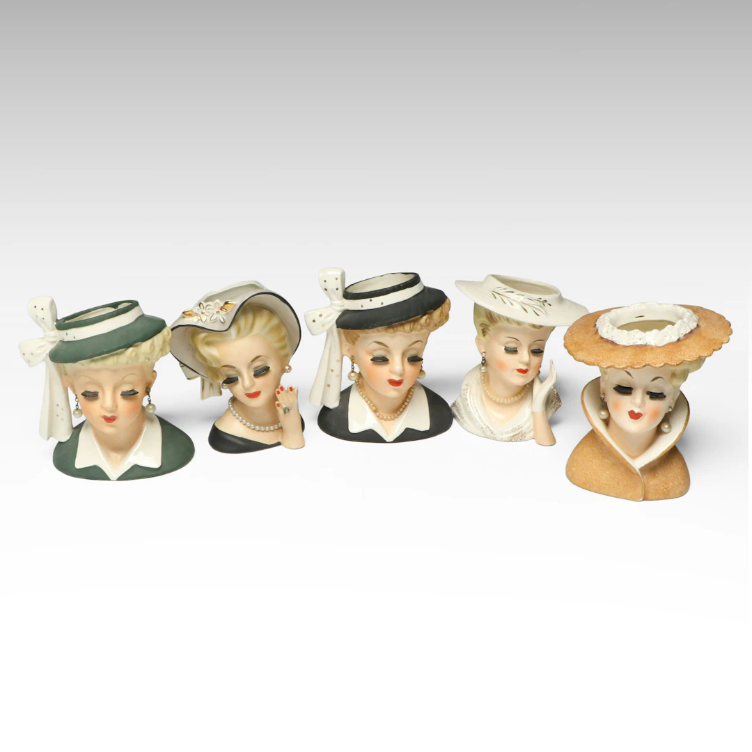 Napco with Other Ceramic Lady Head Vases, Mid-20th Century