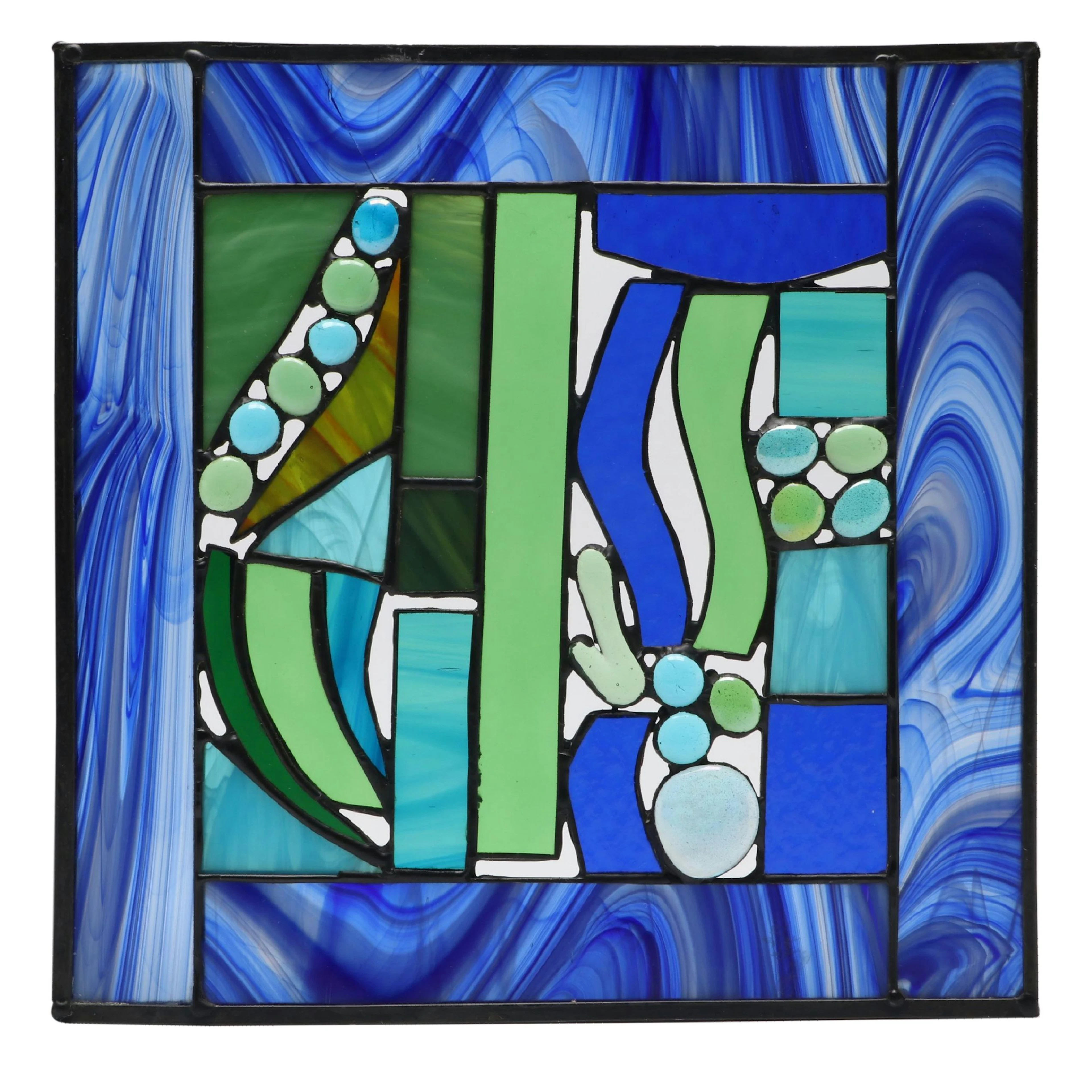Abstract Blue and Green Stained Glass Panel