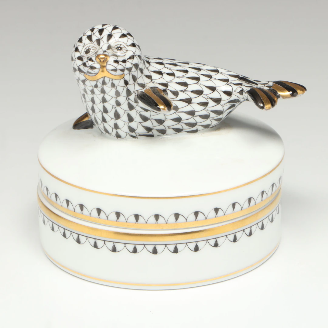 Herend First Edition Black Fishnet with Gold Porcelain “Seal” Knob Fancy Box