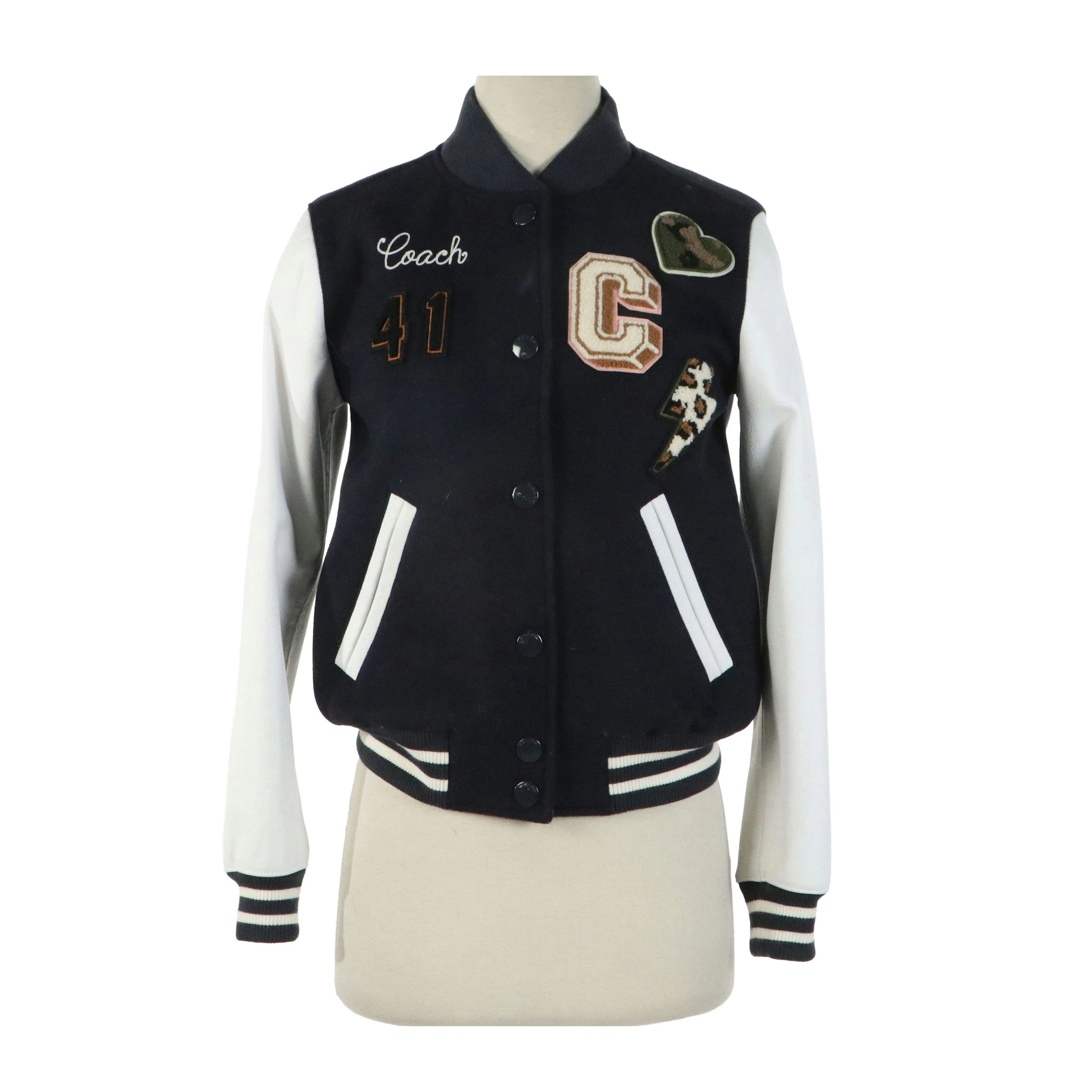 Coach Chenille Patch Varsity Jacket in Navy Wool Blend/White Leather