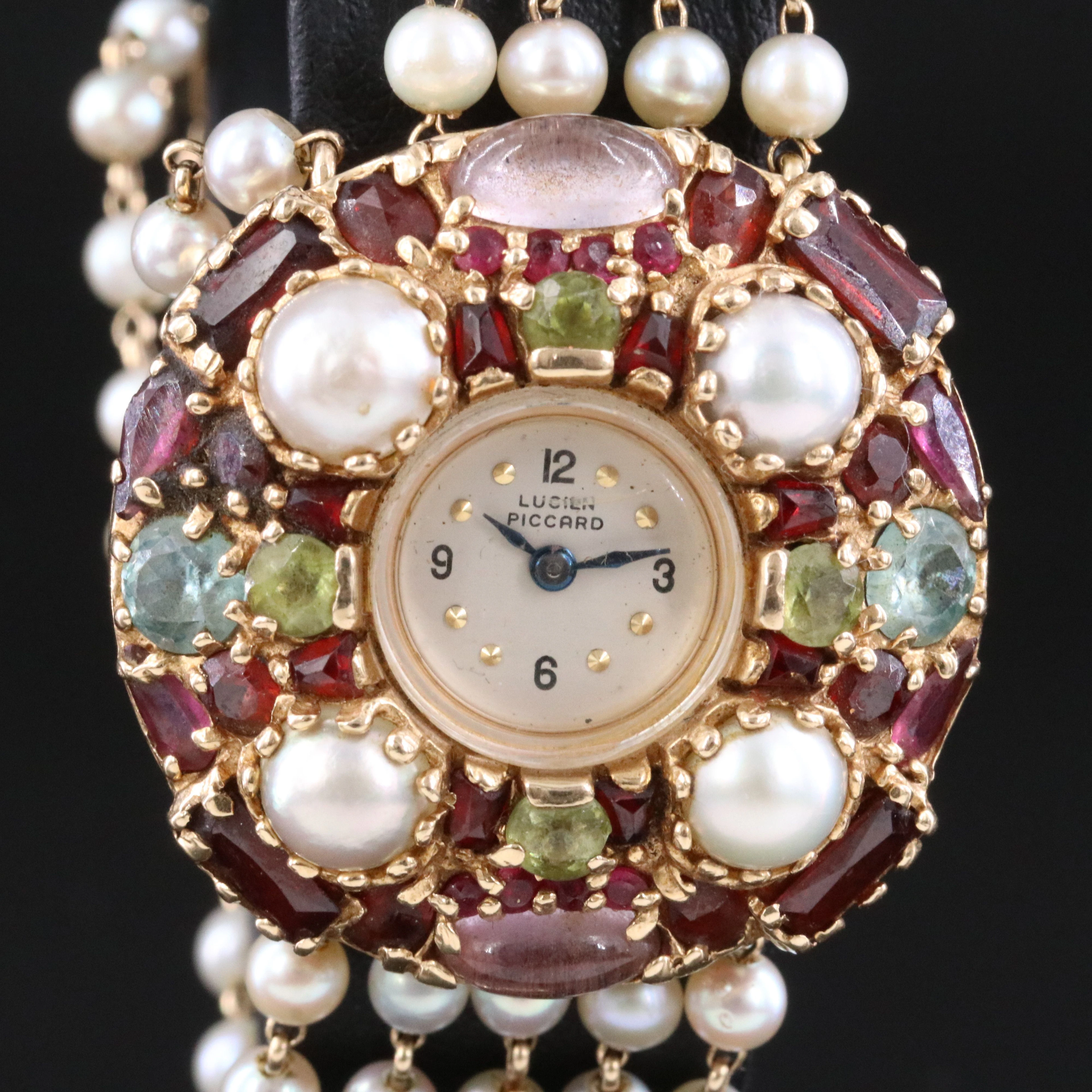 14K Lucien Picard Gemstone and Pearl Stem Wind Watch