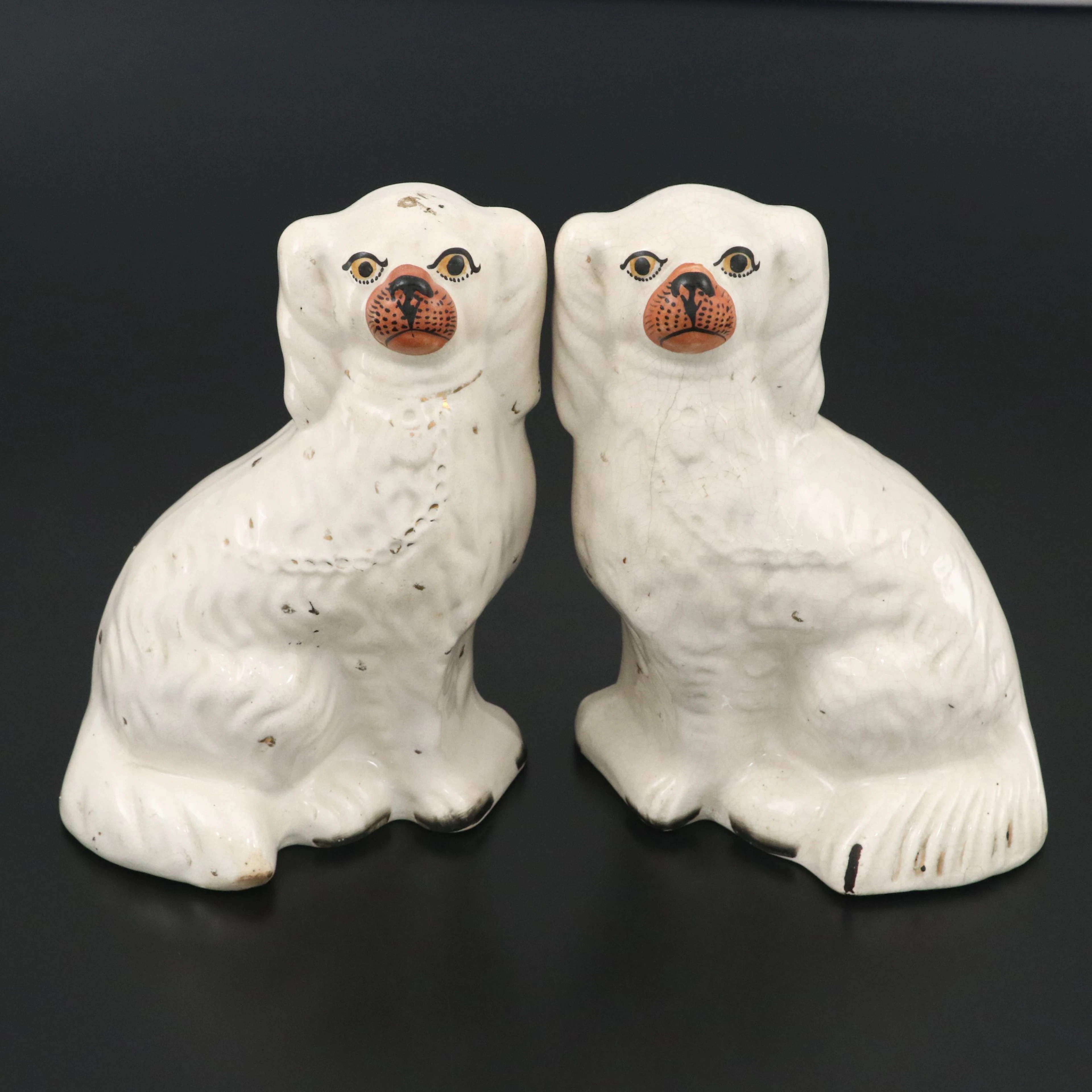 Staffordshire English Earthenware White Spaniels, 19th Century