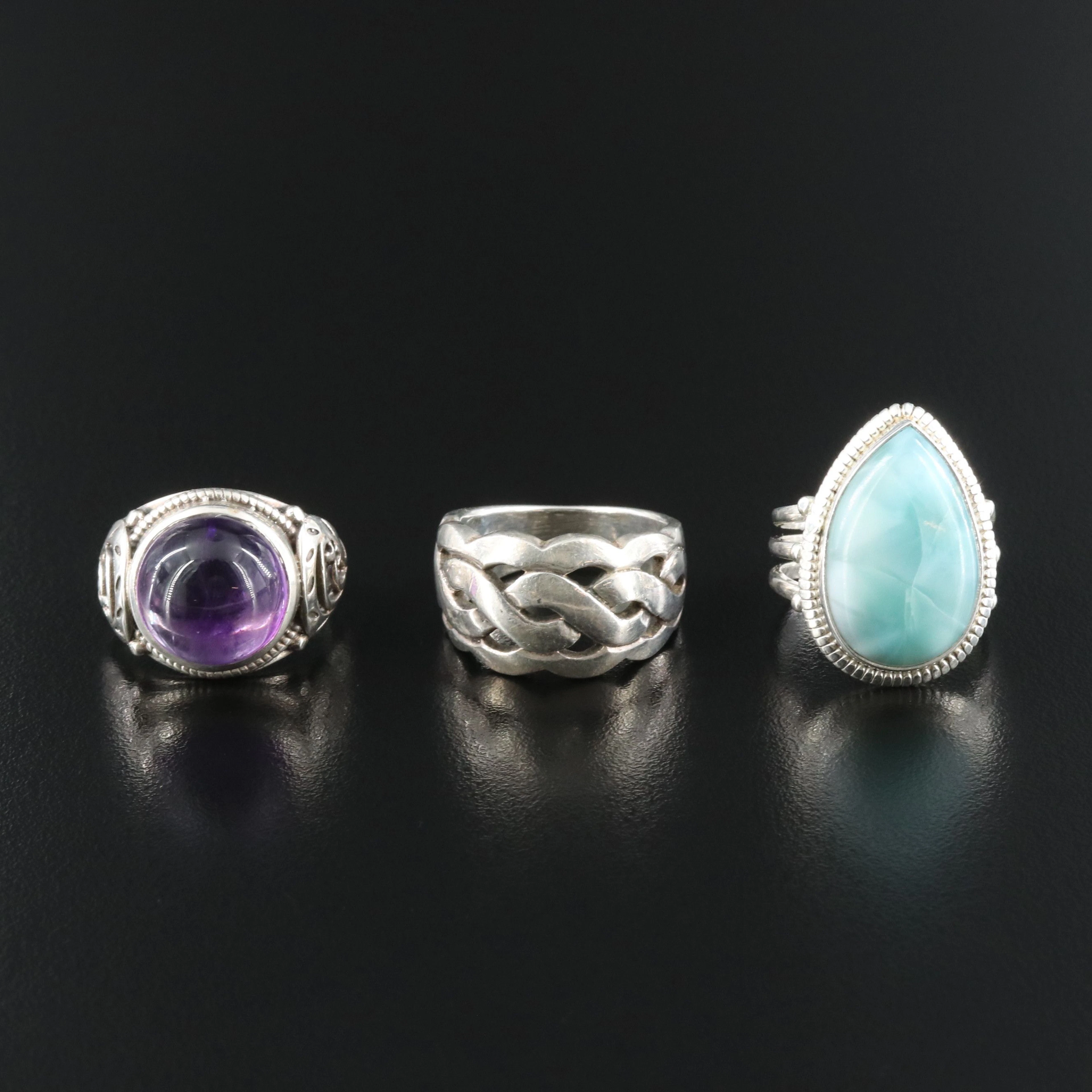Sterling Larimar, Amethyst and Braid Rings