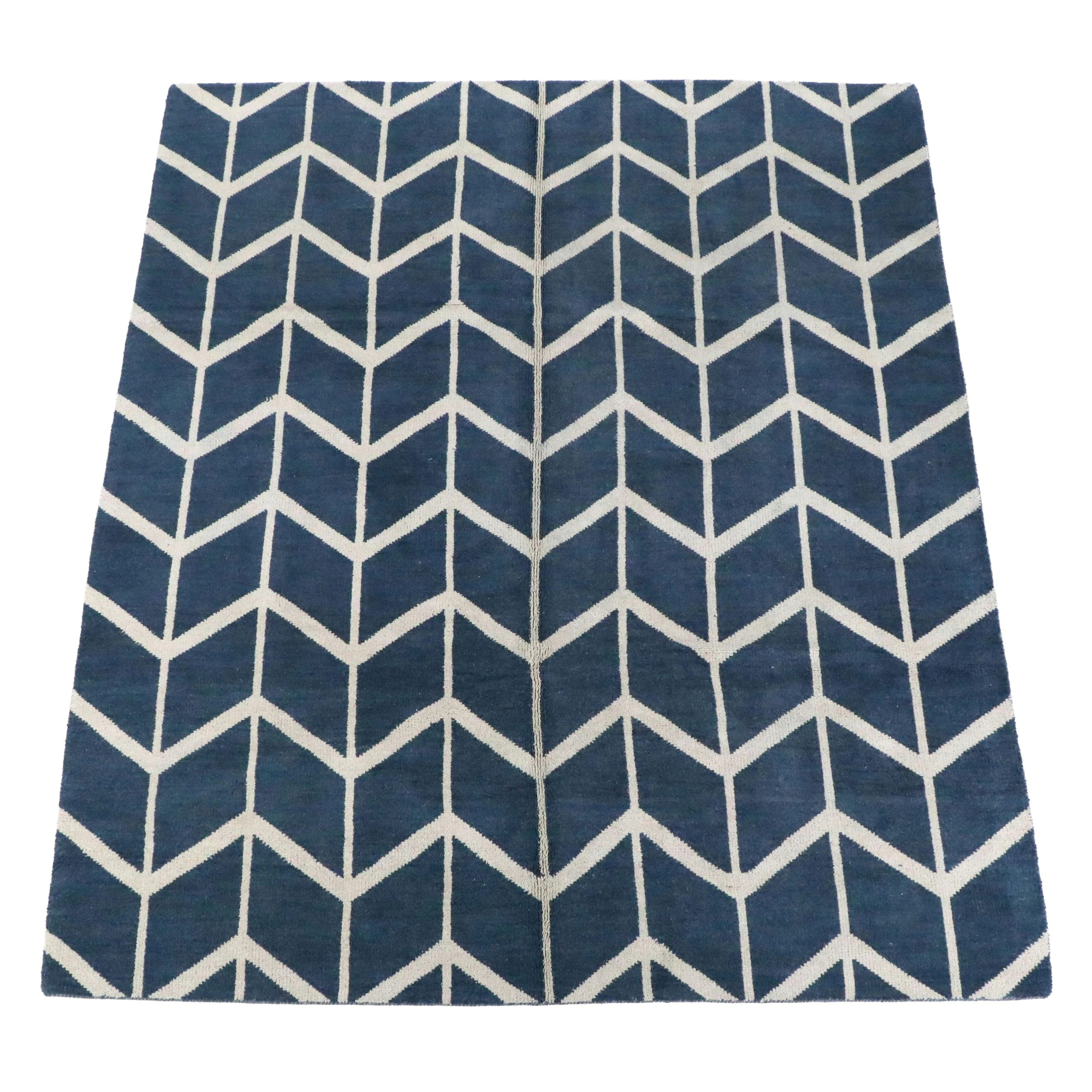 8'2 x 9'9 Hand-Knotted Indian Blue and White Geometric Chevron Area Rug