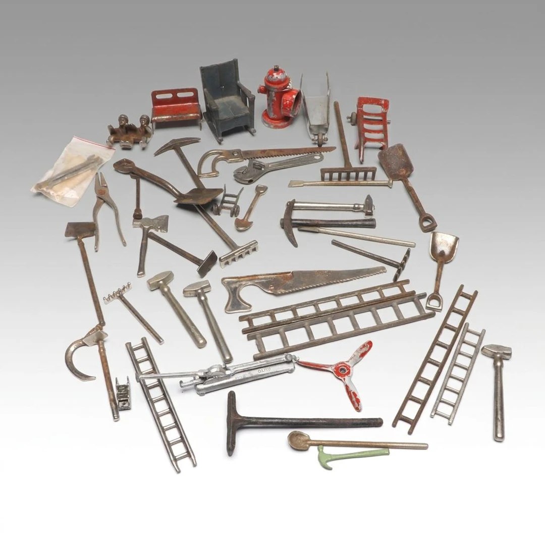 Miniature Cast Iron Fire Hydrant with Wheelbarrow, Tools and More