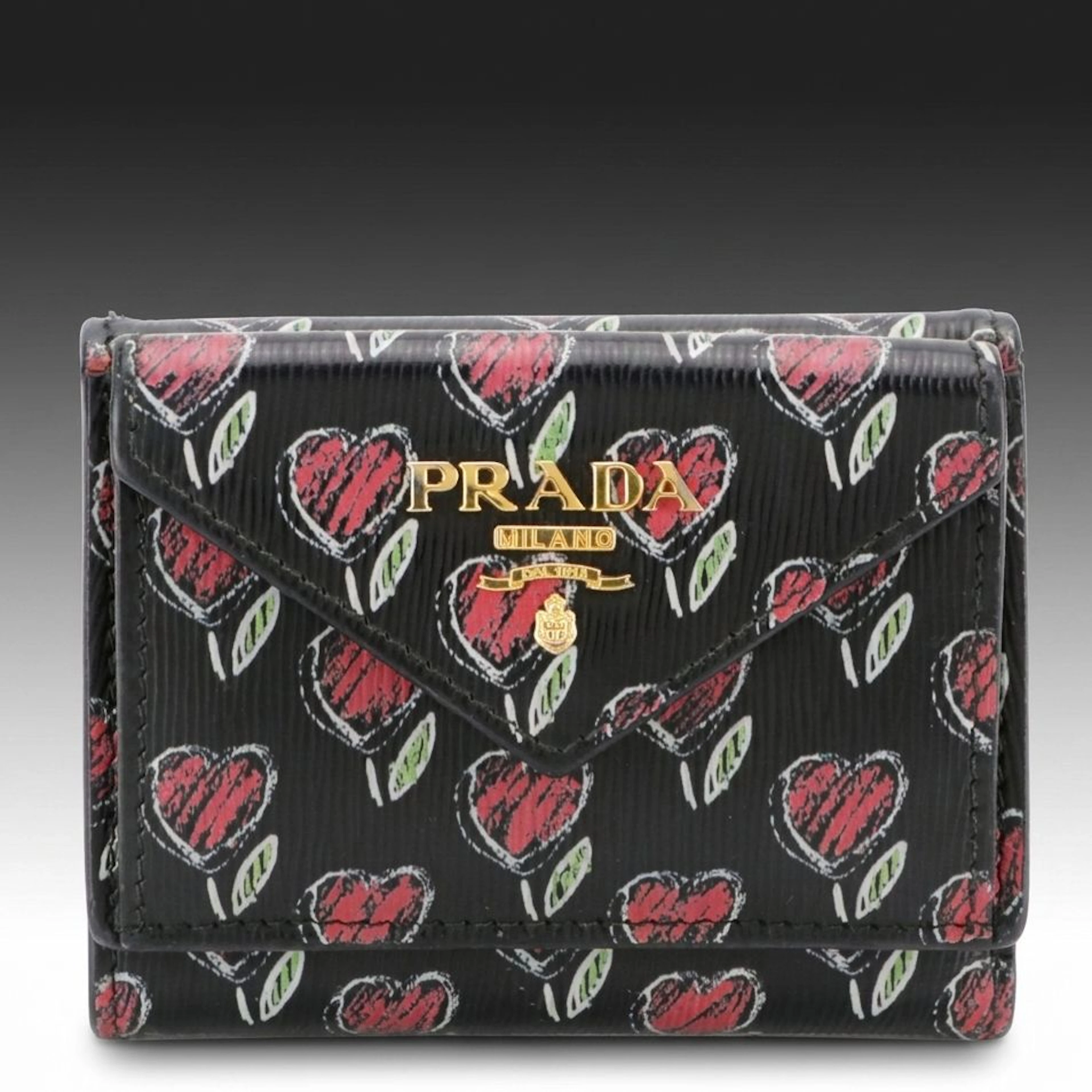 Prada Vitello Move Small Love Trifold Wallet in Black with Heart Floral Print