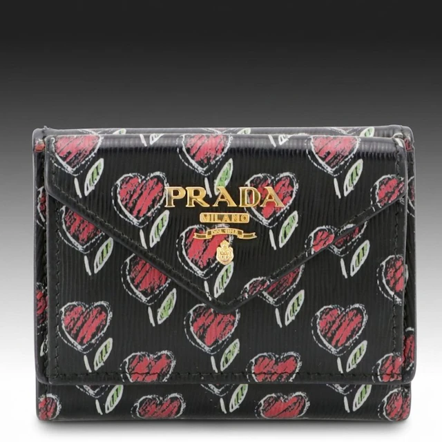 Prada Vitello Move Small Love Trifold Wallet in Black with Heart Floral Print