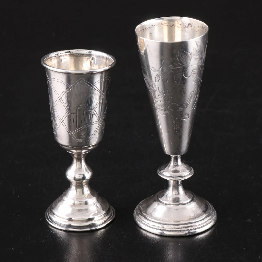 Russian 800 Silver Etched Cordial Goblets