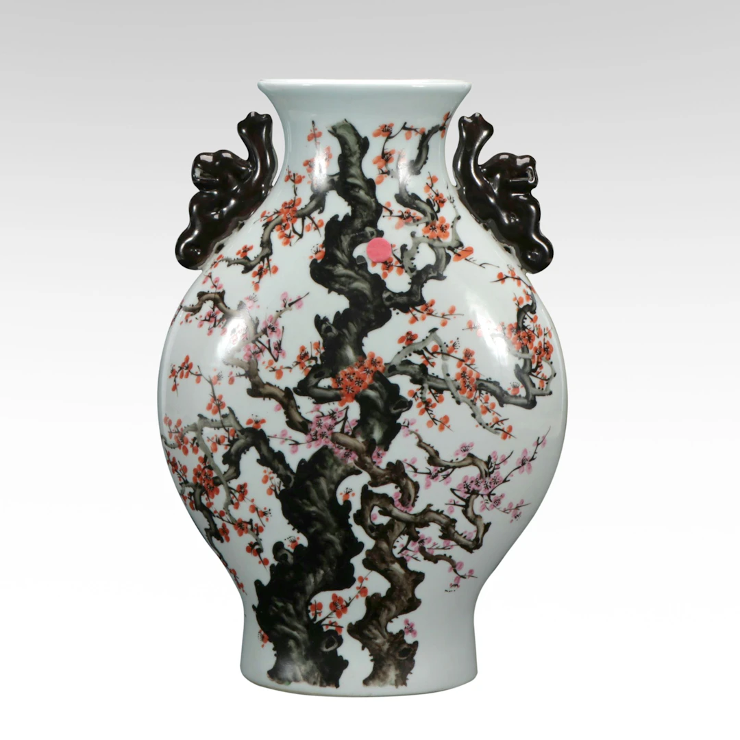 Chinese Style Porcelain Flattened Baluster Pilgrim Vase with Plum
