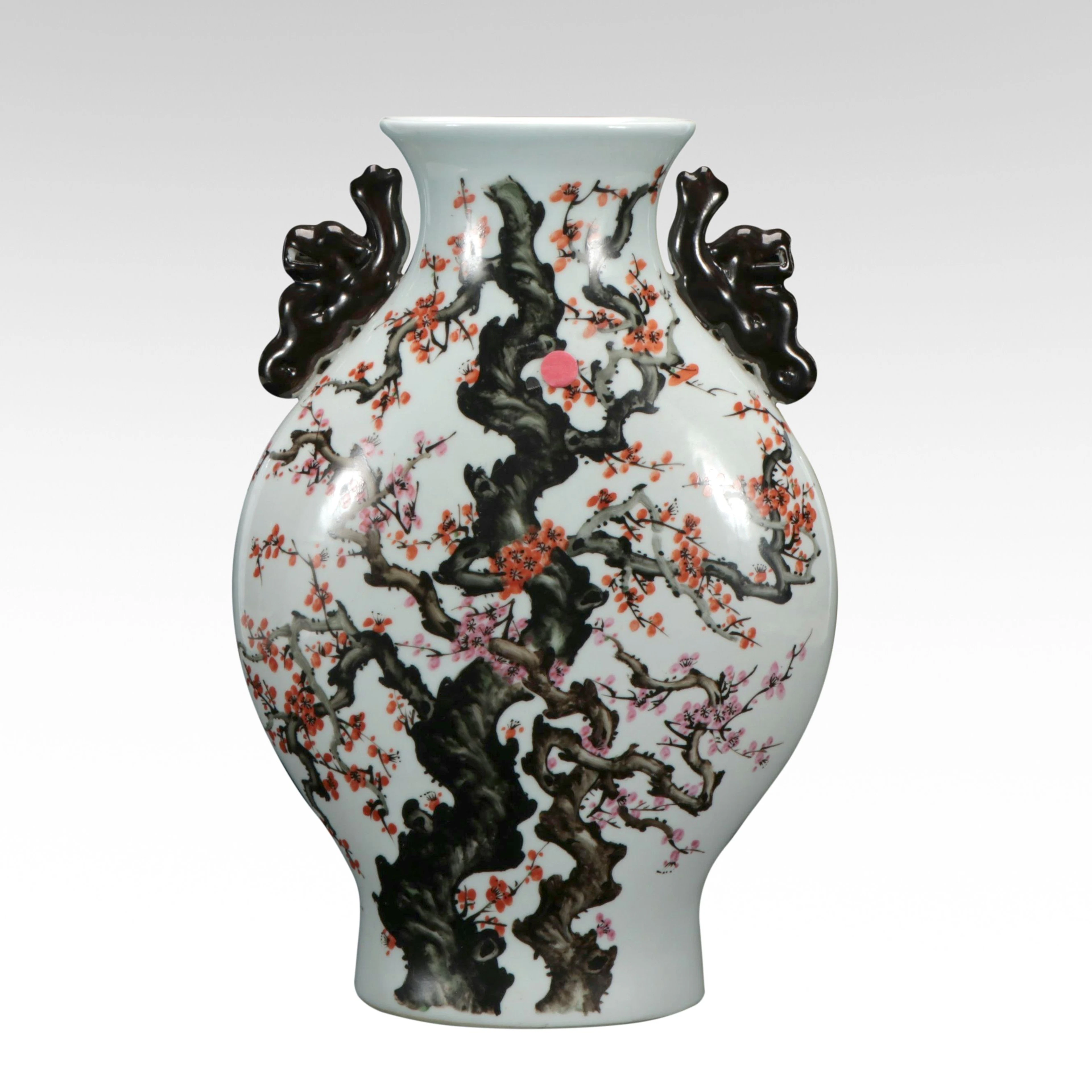 Chinese Style Porcelain Flattened Baluster Pilgrim Vase with Plum