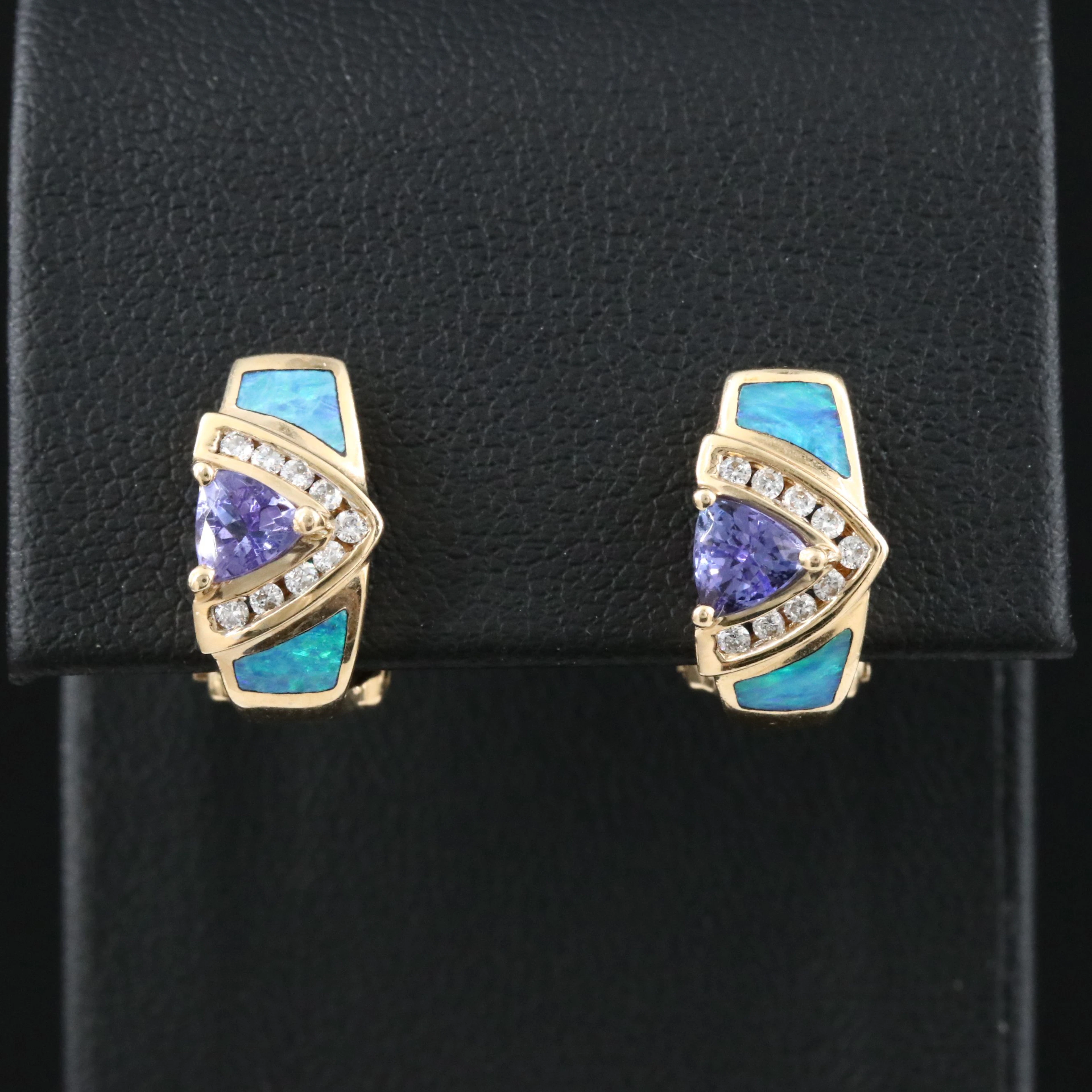 LeVian 14K J hoop Earrings with Tanzanite, Opal and Diamond