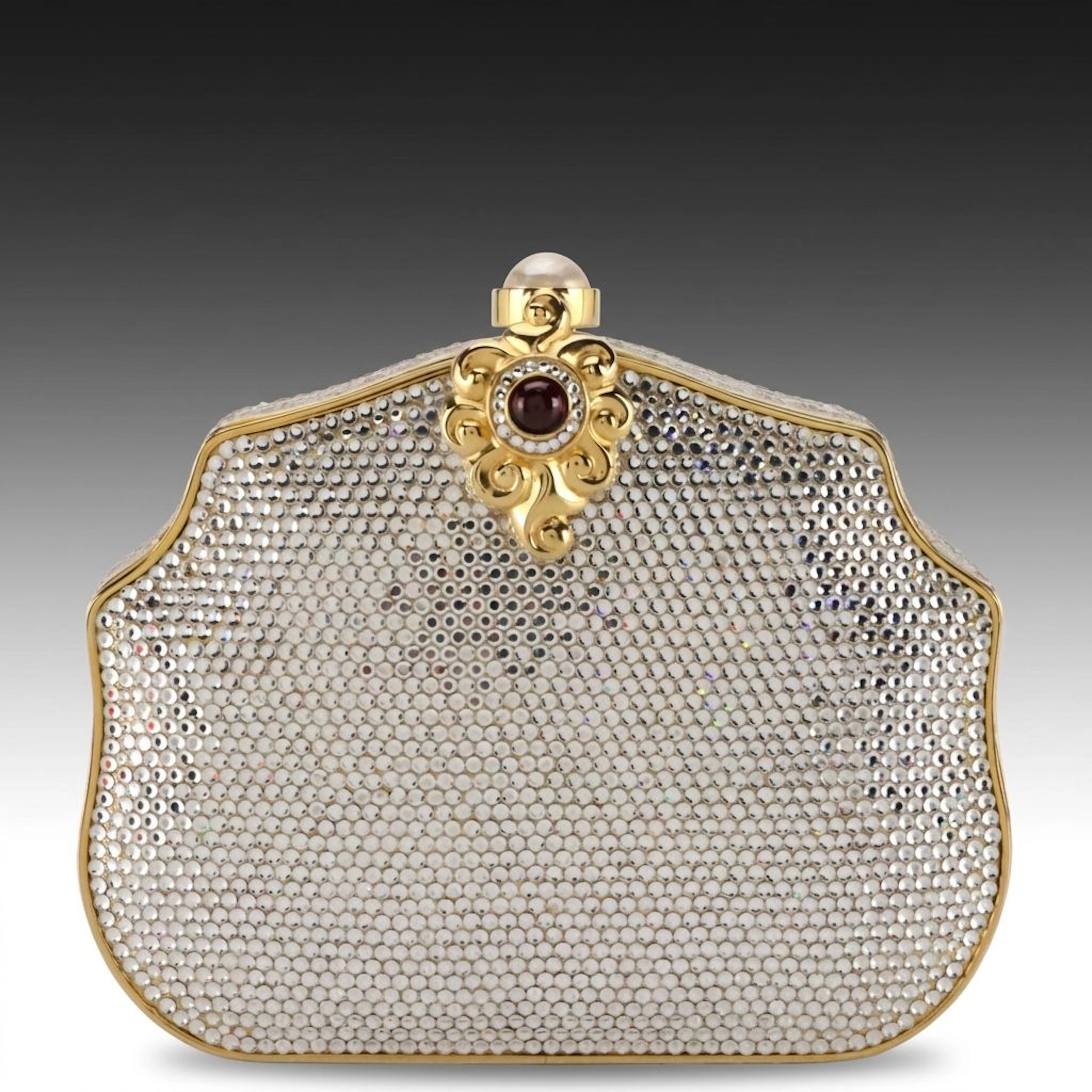 Judith Leiber Crystal Minaudière Bag with Metal Comb and Compact Mirror