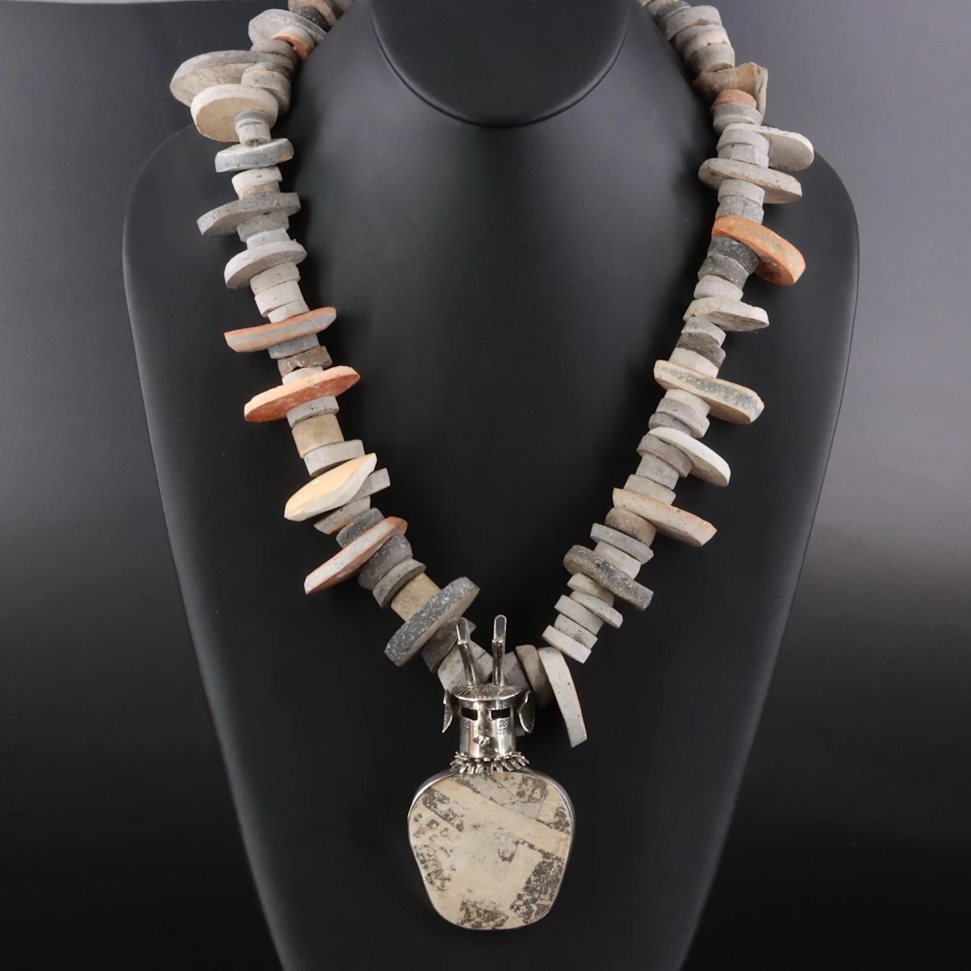 Southwestern Sterling Kachina and Pottery Necklace
