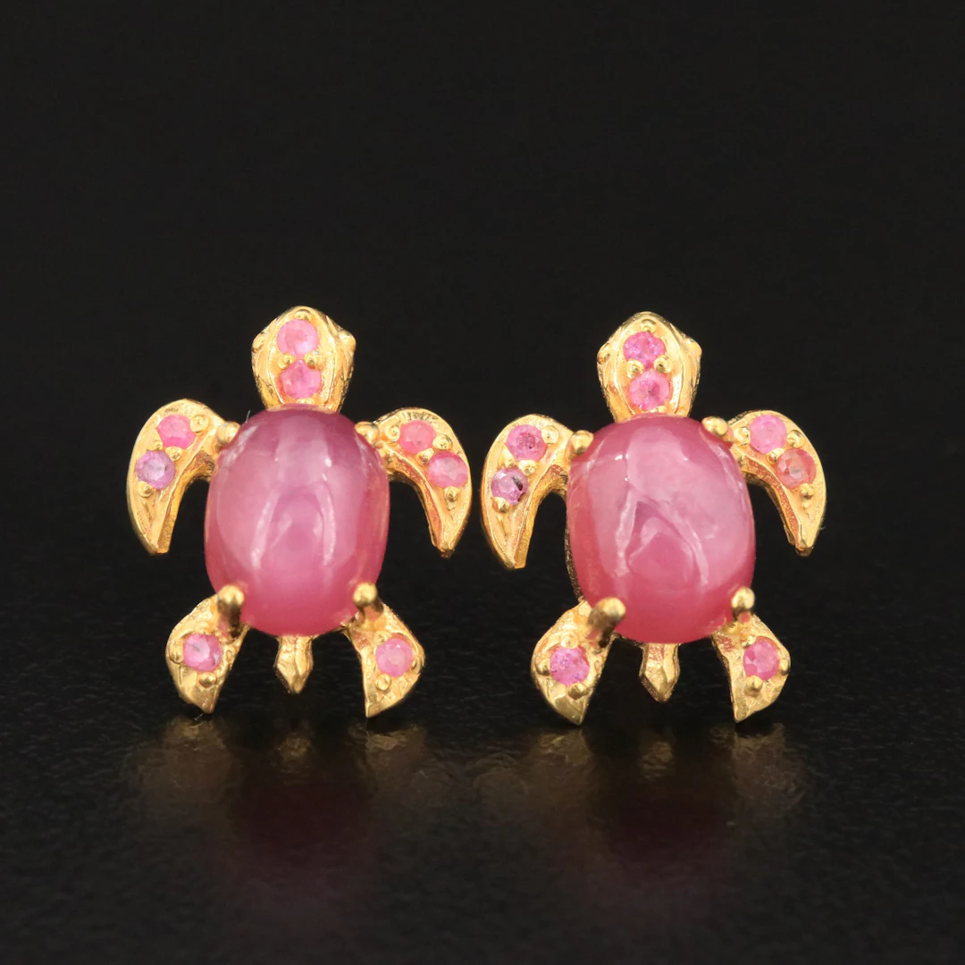 Sterling Filled Corundum and Ruby Sea Turtle Earrings