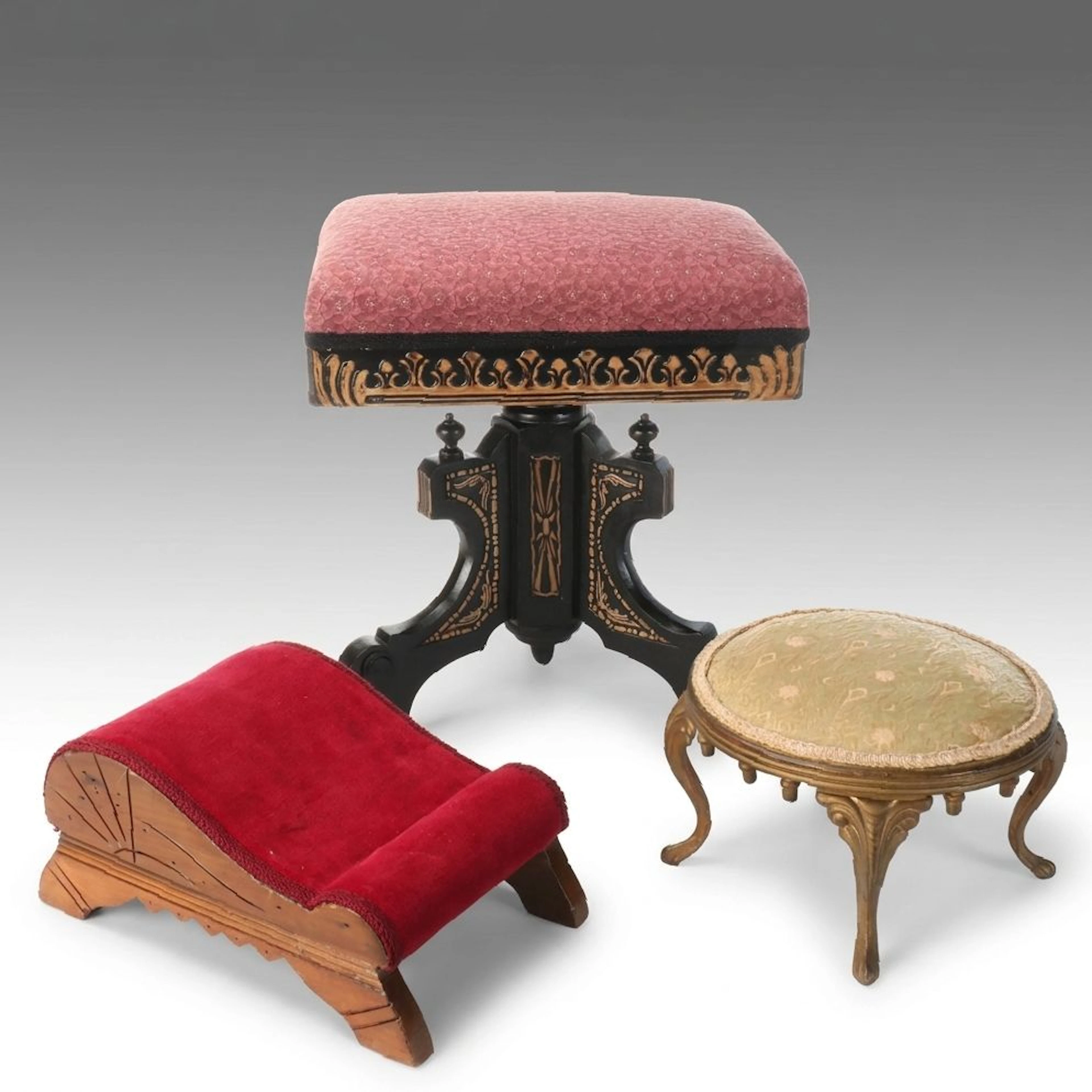 Victorian Ebonized Piano Stool and Footstools, Late 19th to Early 20th Century