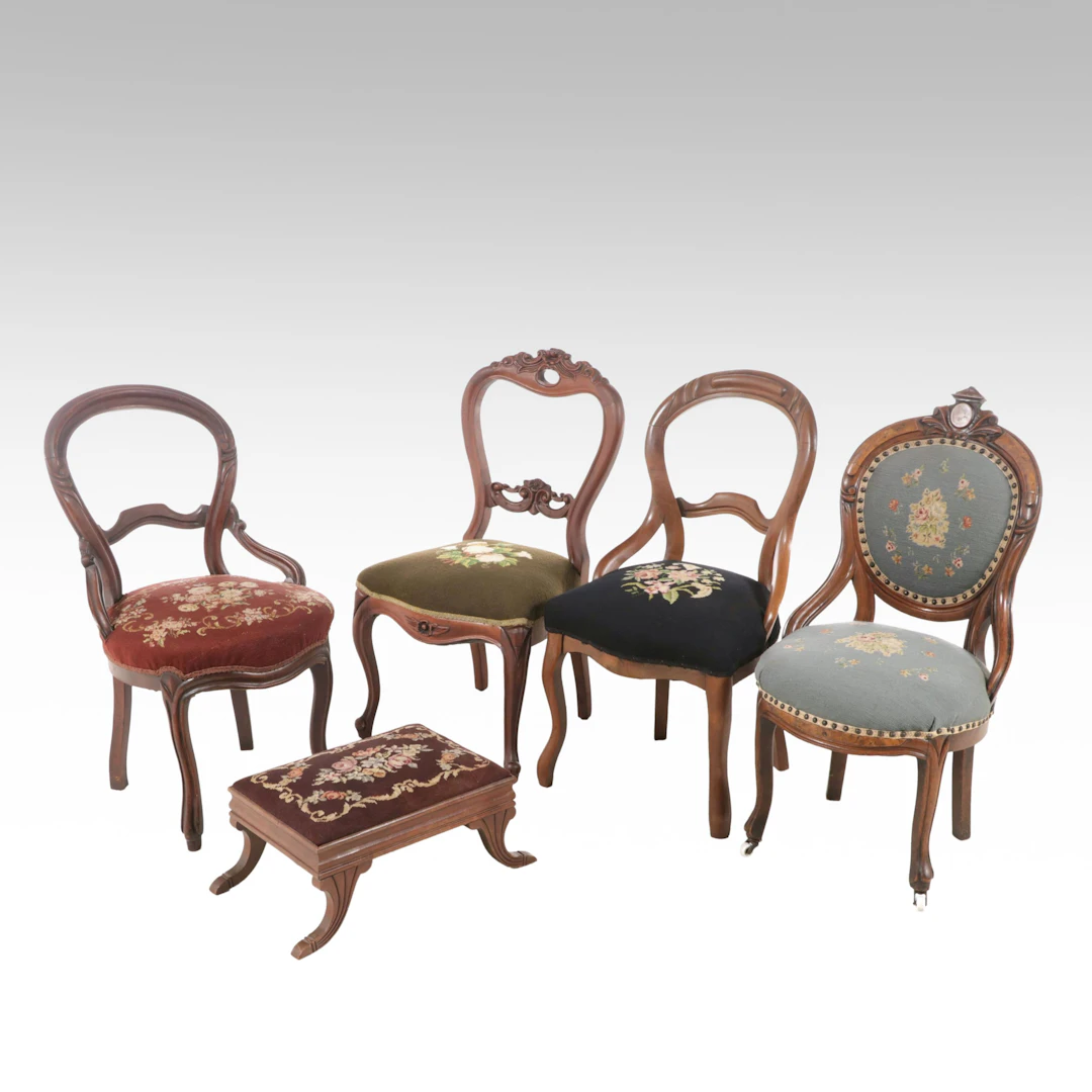 Victorian Parlor Chairs and Footstool with Needlepoint Upholstery