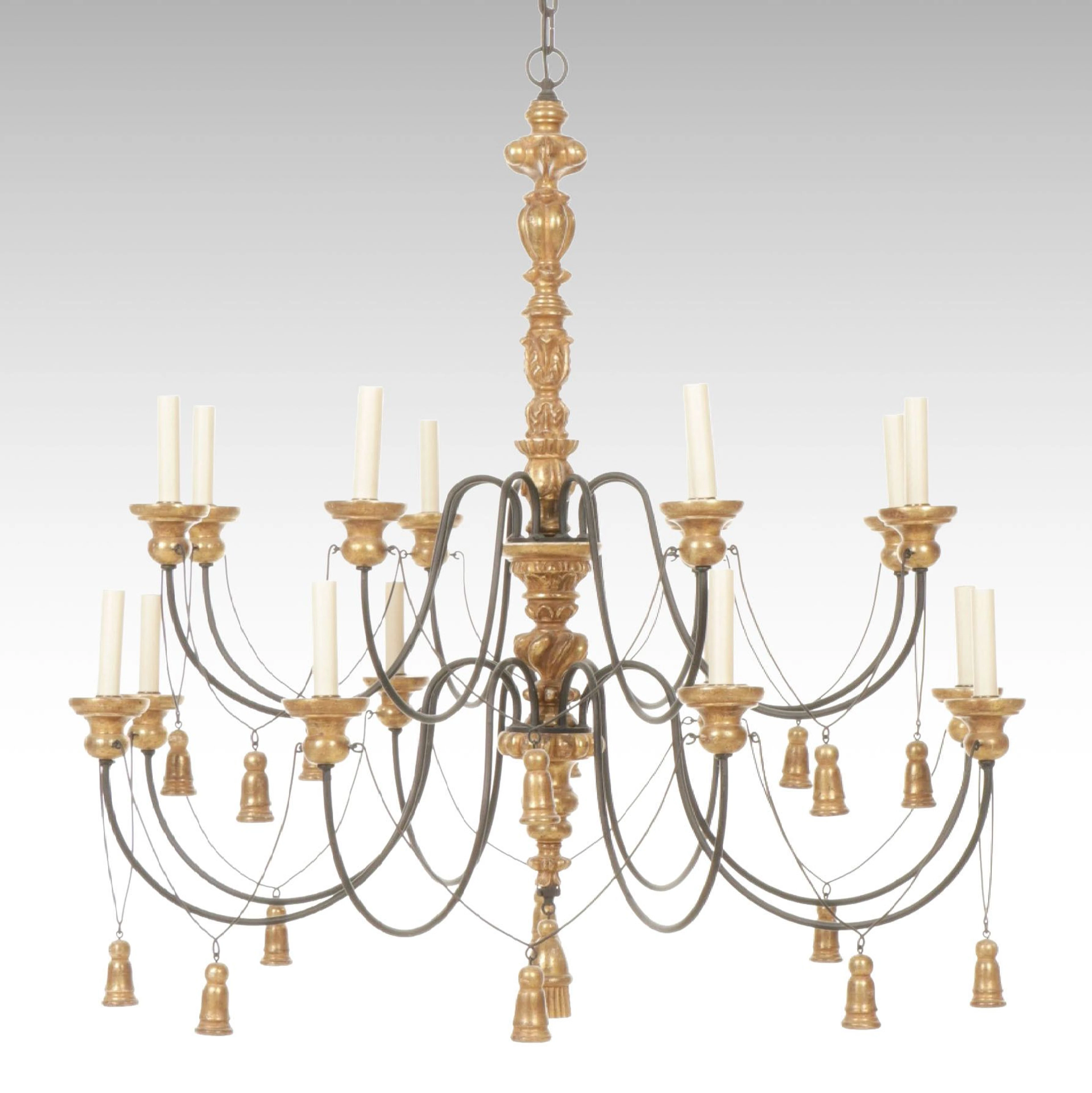 Paul Ferrante "Tassel" 22K Gold Leaf and Iron 16-Arm Chandelier