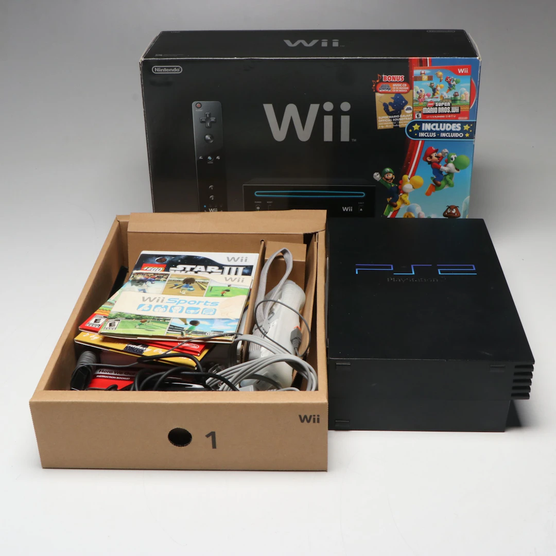 Sony PlayStation 2 and Nintendo Wii Game Consoles with Accessories and Box