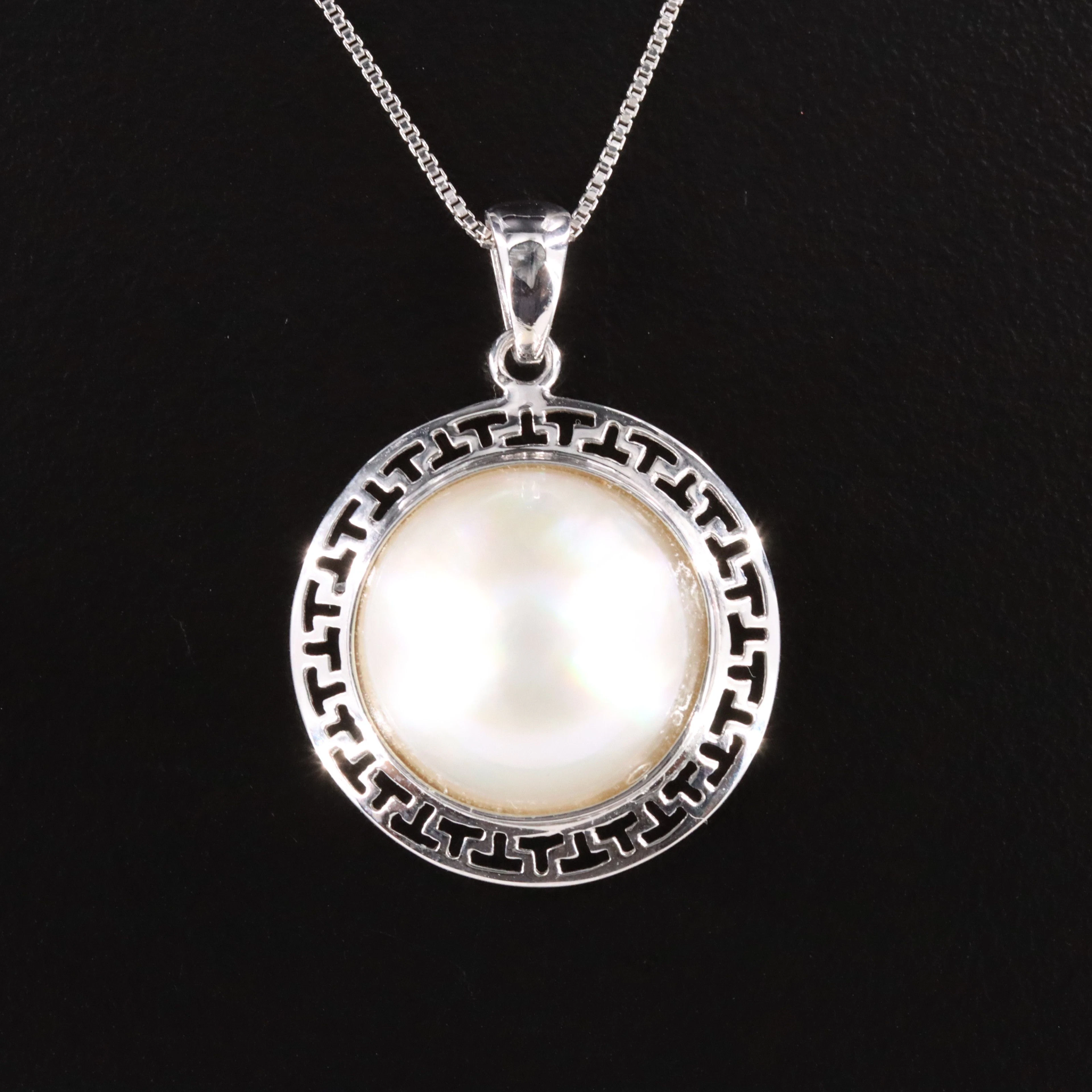 18K Mabé Pearl Greek Key Pendant with Box Chain