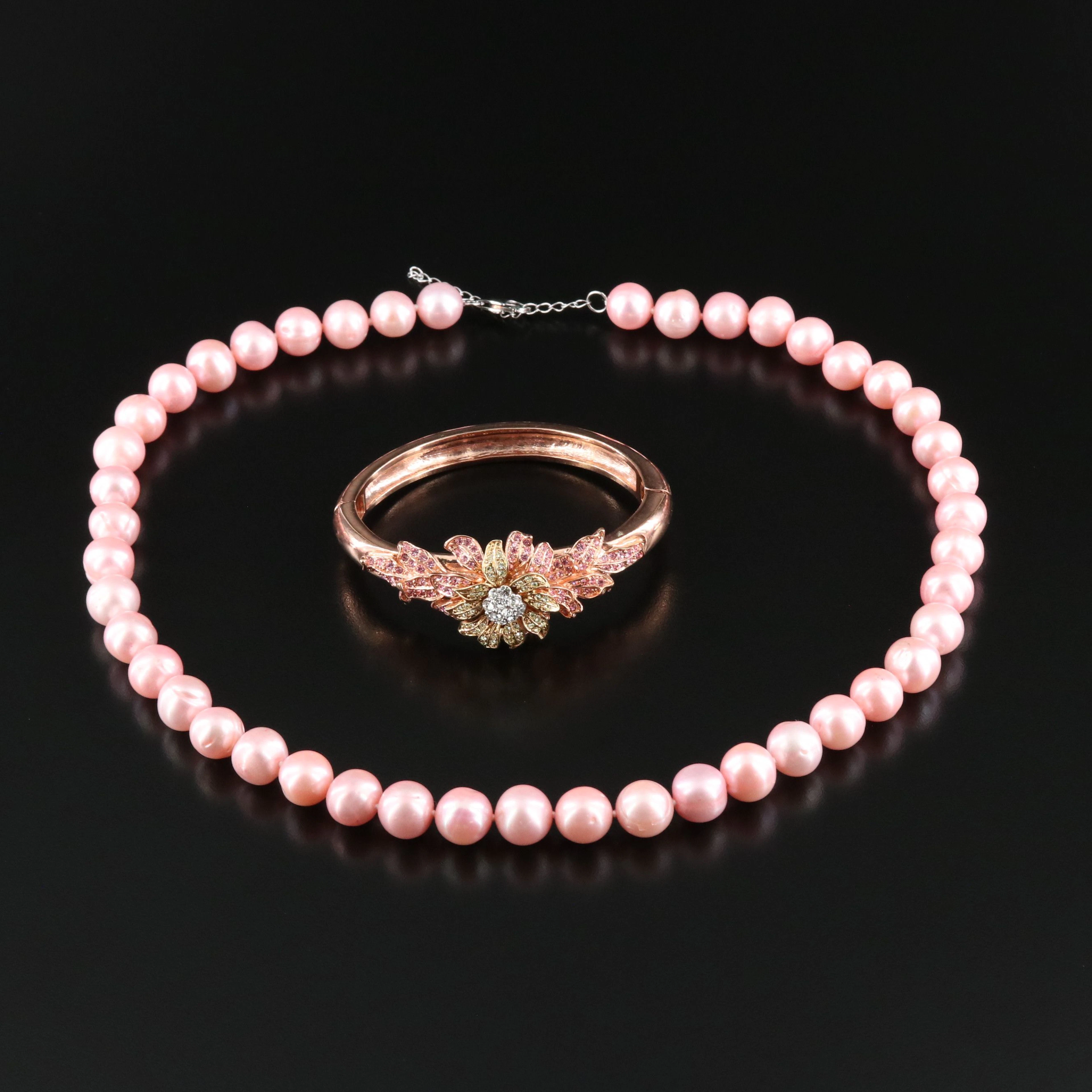 Nolan Miller Flower Bangle and Pearl Necklace with Sterling Clasp